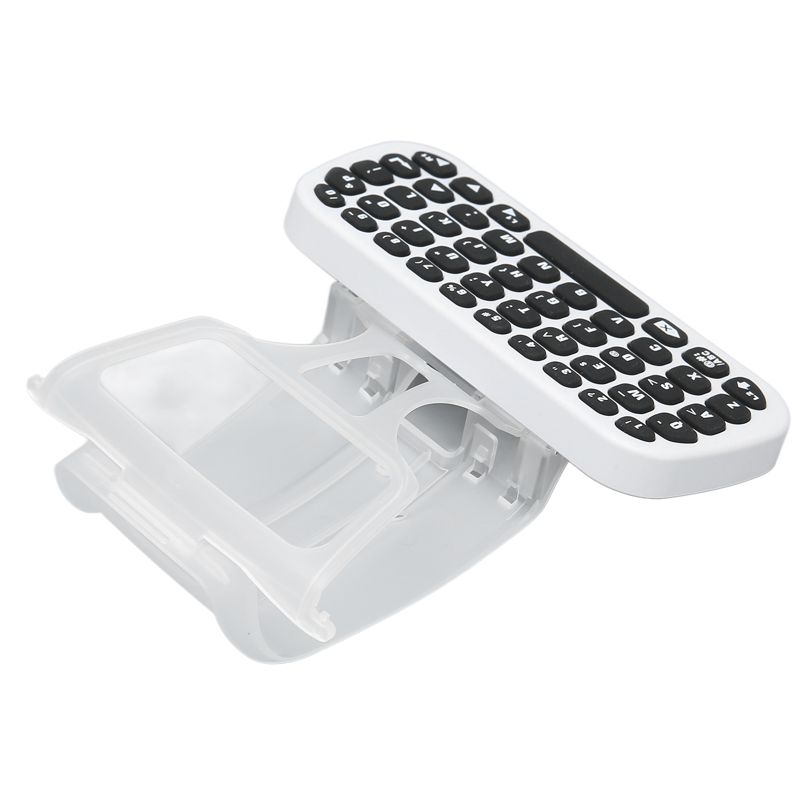 Weiße Tastatur mit schwarzen Tasten auf einem durchsichtigen Halter.