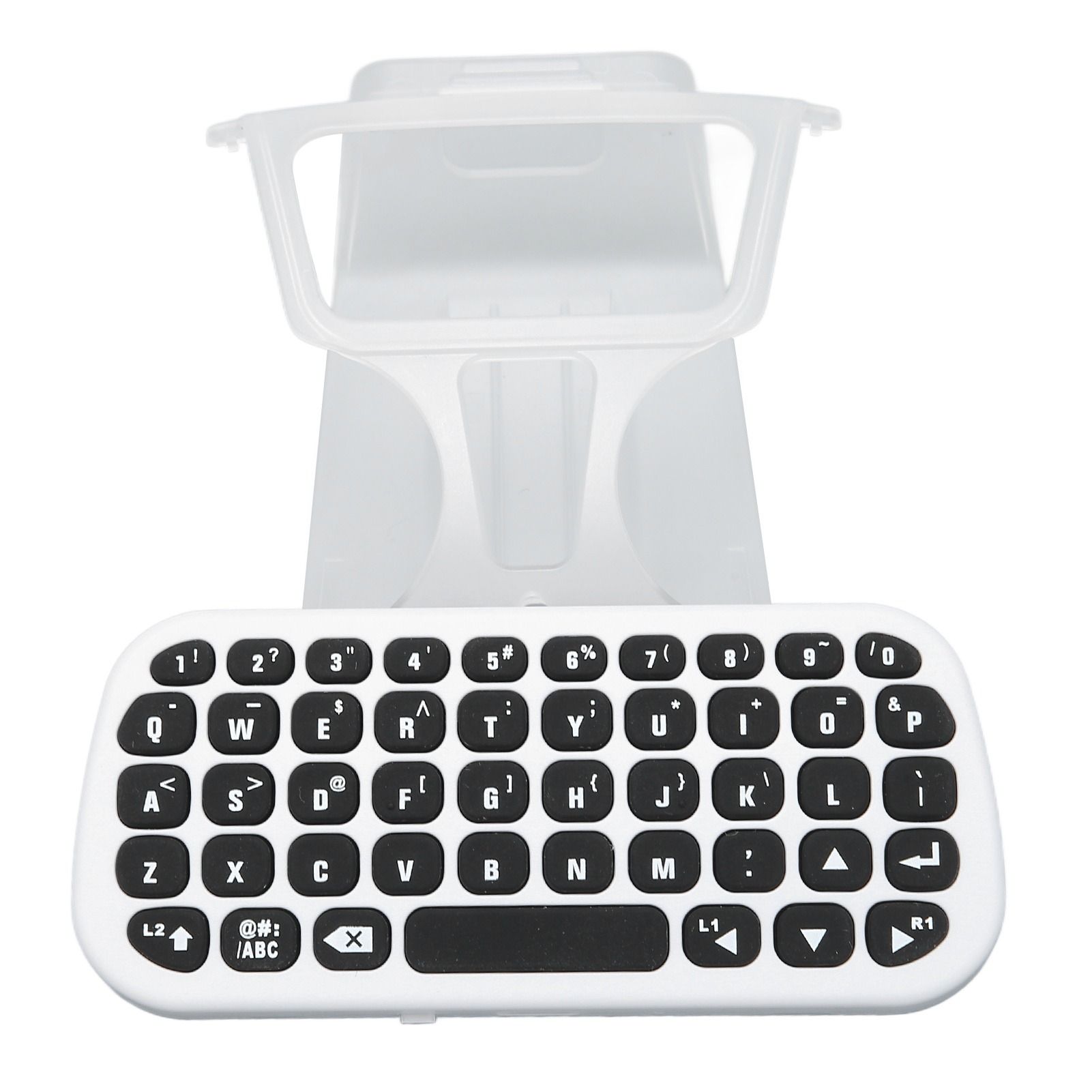 Ein weißes Tastatur-Dock mit schwarzen Tasten und einem durchsichtigen Ständer.