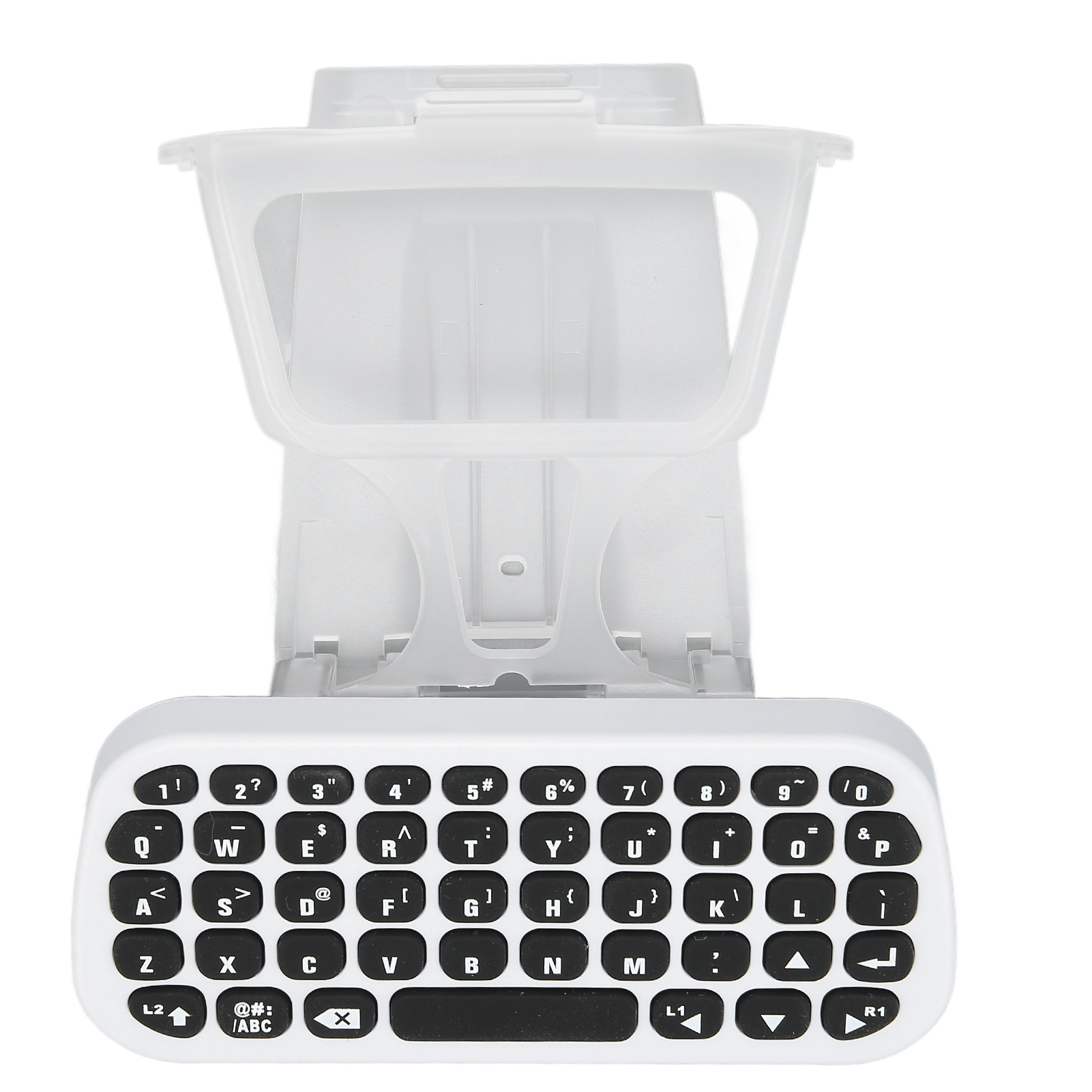 Eine weiße tragbare Tastatur mit schwarzen Tasten und einem durchsichtigen Plastikständer.