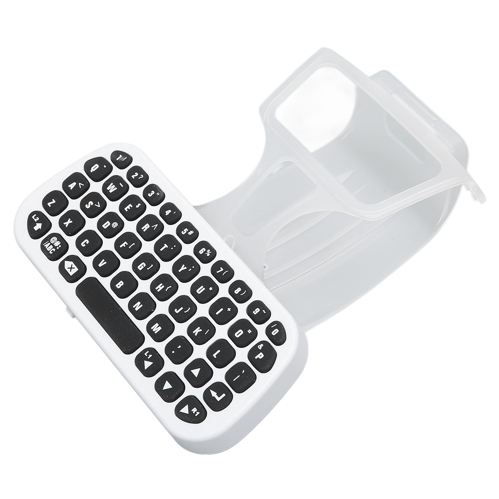 Eine weiße kabellose Tastatur mit schwarzen Tasten ist an einer durchsichtigen Kunststoffhalterung befestigt.