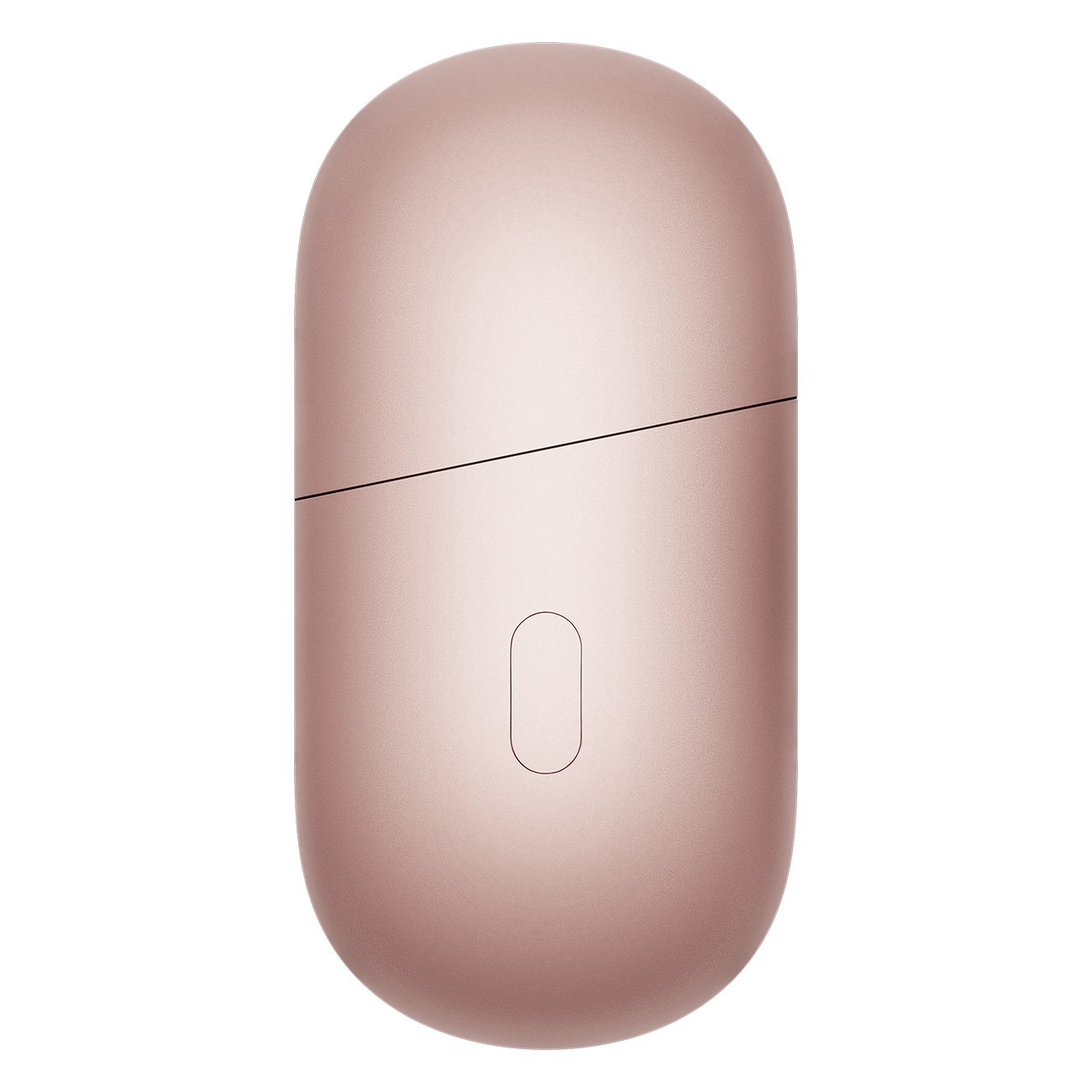 Een roségouden, pilvormige oplaadcase voor oordopjes met een dunne zwarte lijn.