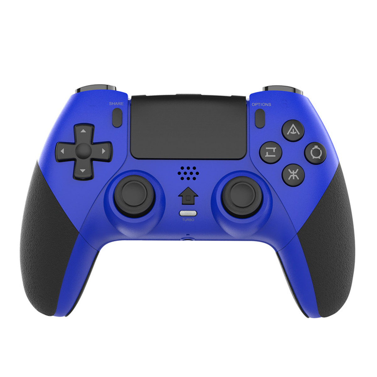 Eine blaue und schwarze Videospielsteuerung mit Steuerkreuz und Tasten.