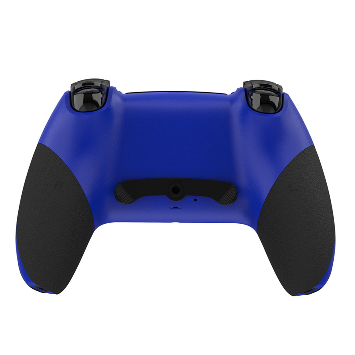 Ein blauer Gaming-Controller mit schwarzen Griffen und Knöpfen.