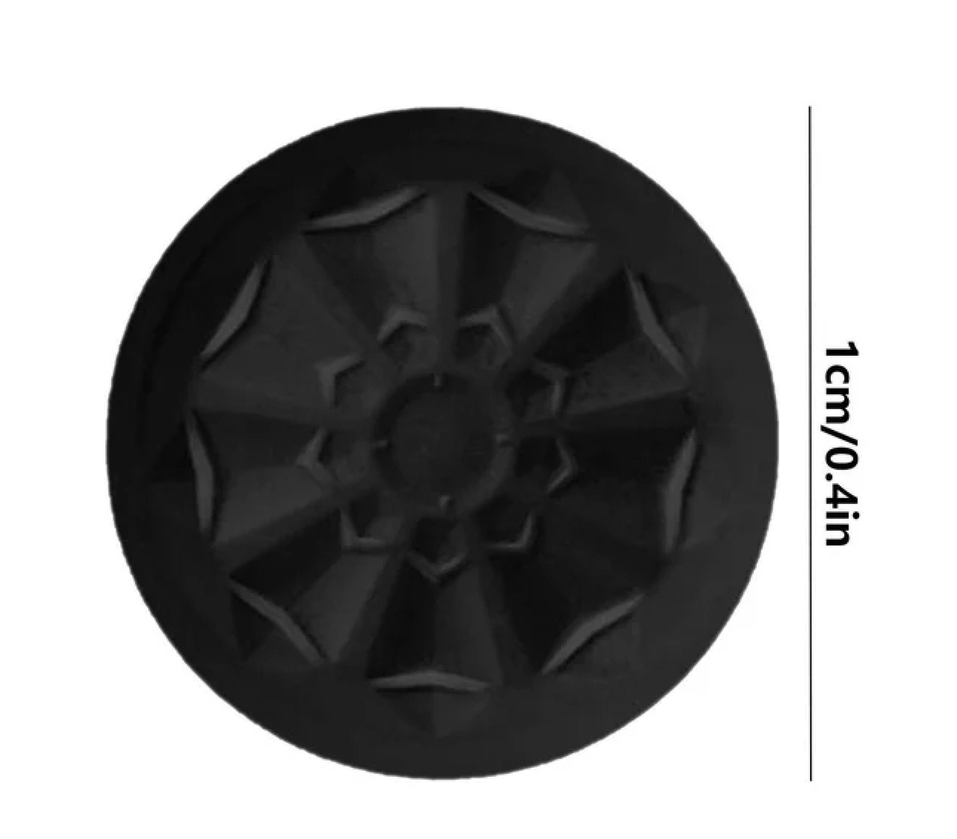 Ein schwarzer, runder Knopf mit sternförmigem Muster, 1 cm im Durchmesser.