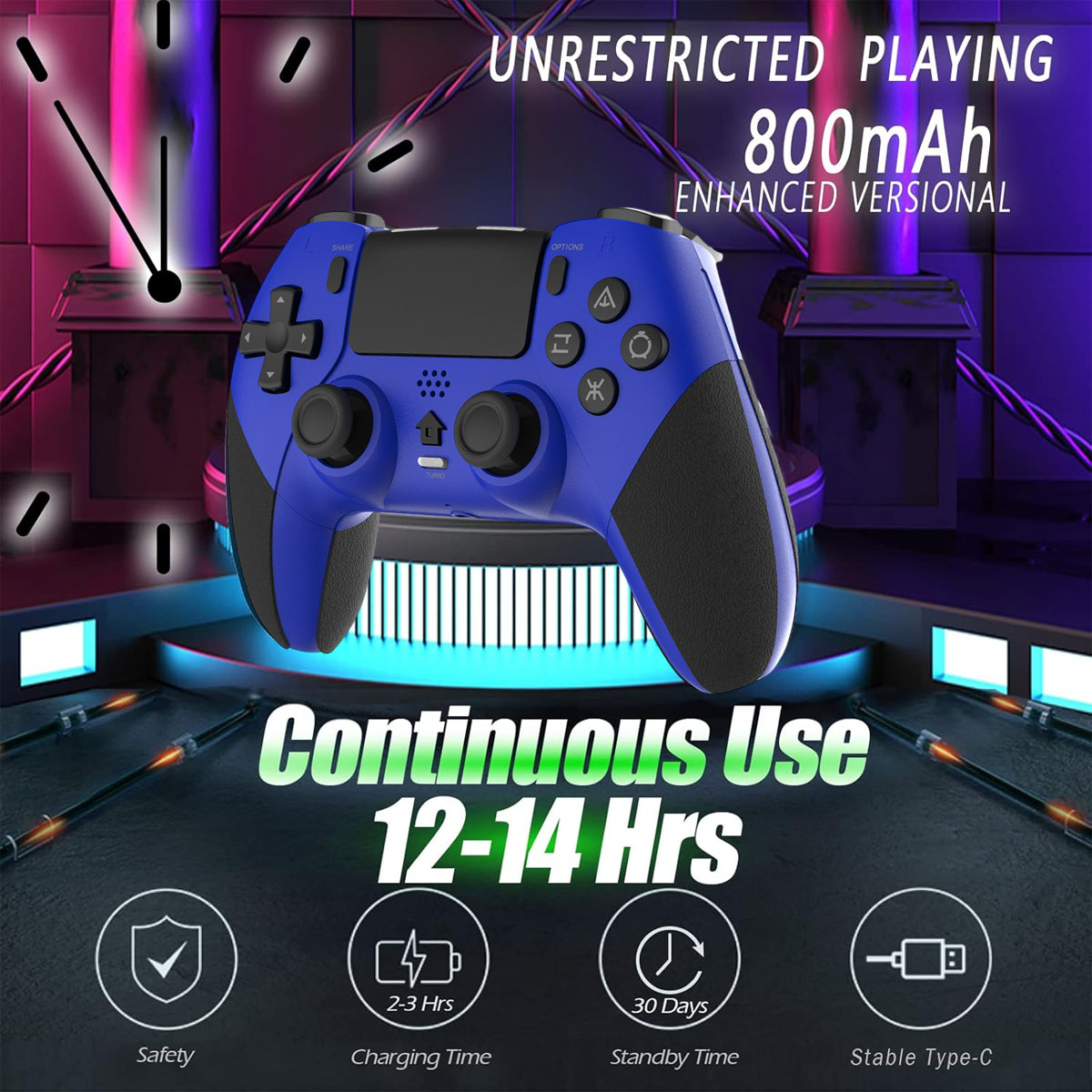 Blauer Gamecontroller mit 800mAh Akku, 12-14 Std Dauerbetrieb, Typ-C-Laden.