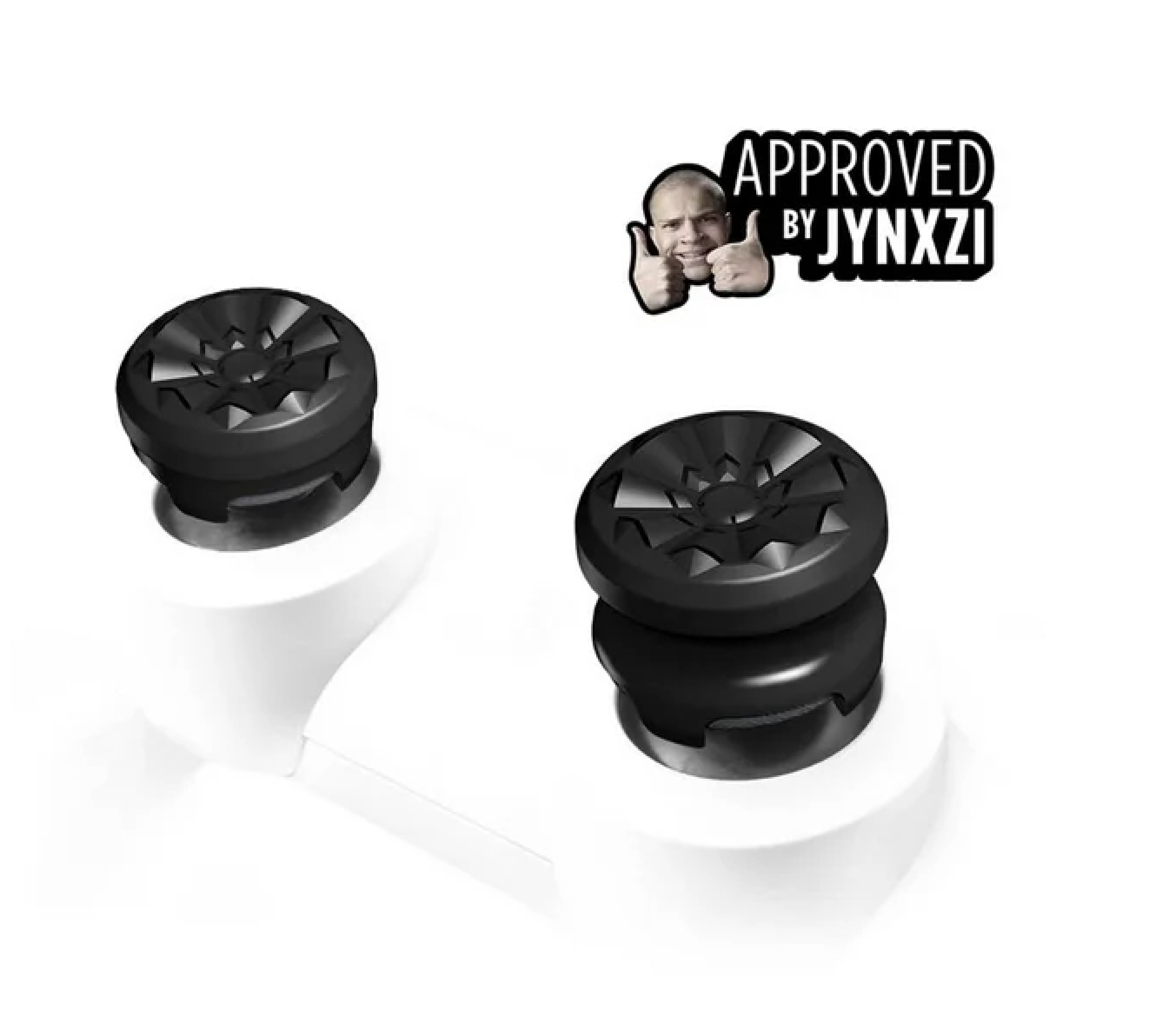 Zwei schwarze Controller-Daumen-Griffe auf einem weißen Controller mit einem Aufkleber.