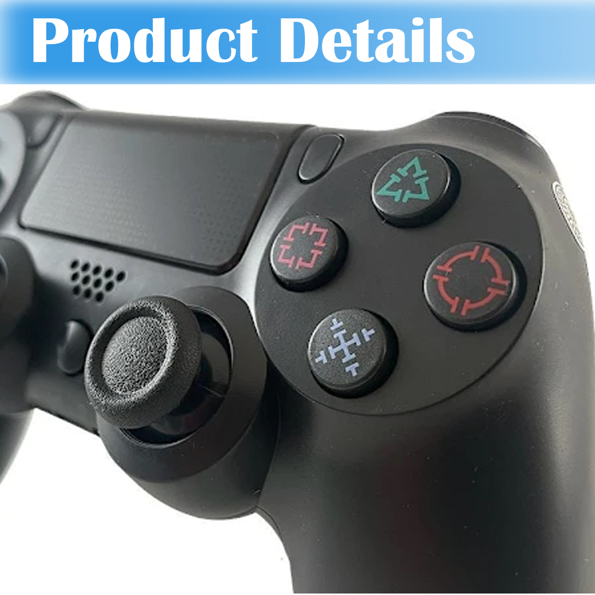 Nahaufnahme eines schwarzen Controllers mit farbigen Tasten und einem Joystick.