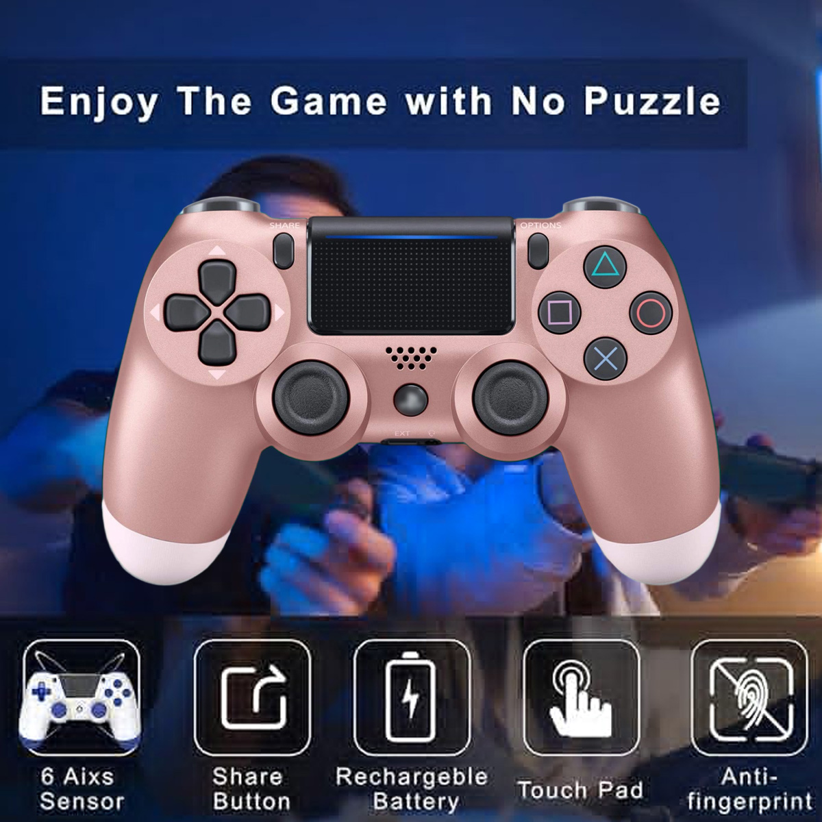 Roségoldene Spielekonsole mit Funktionssymbolen: 6-Achsen-Sensor, Share-Taste, wiederaufladbarer Akku, Touchpad, Fingerabdruckschutz.