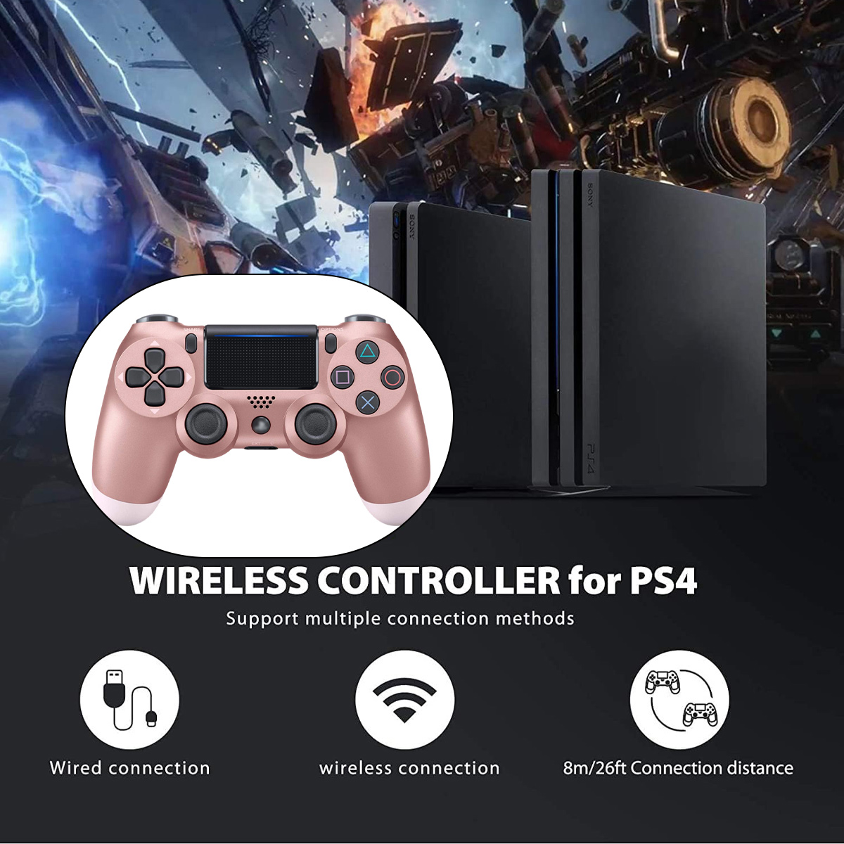 Ein roségoldener PS4-Controller vor zwei schwarzen Konsolen und einer Spiele-Szene.