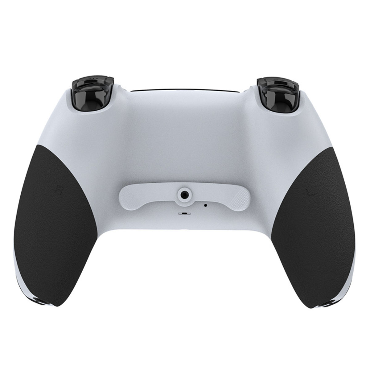Rückseite eines weißen Controllers mit schwarzen Griffen und Bedienelementen.
