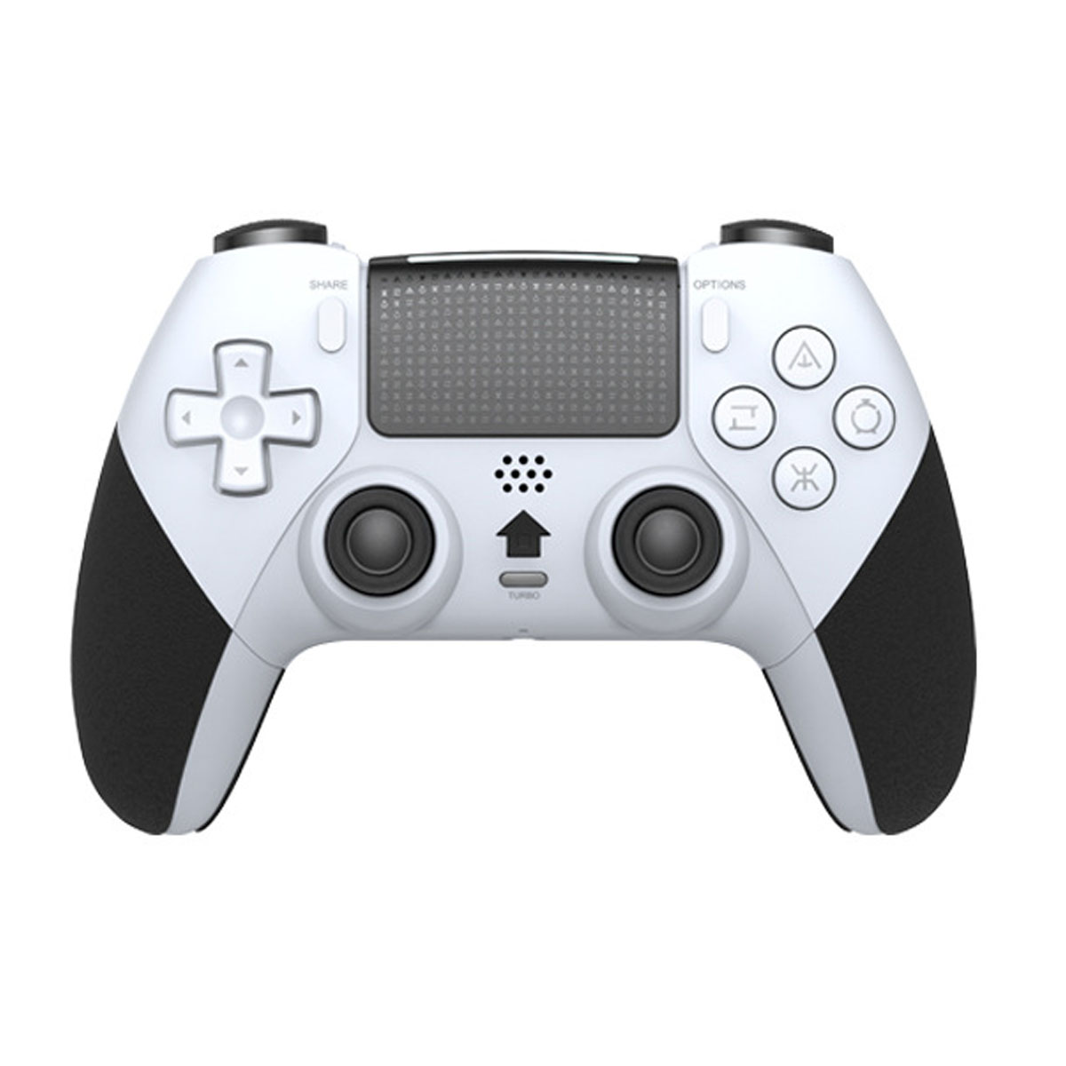 Eine weiße und schwarze Gaming-Controller mit Richtungstasten und Joysticks.