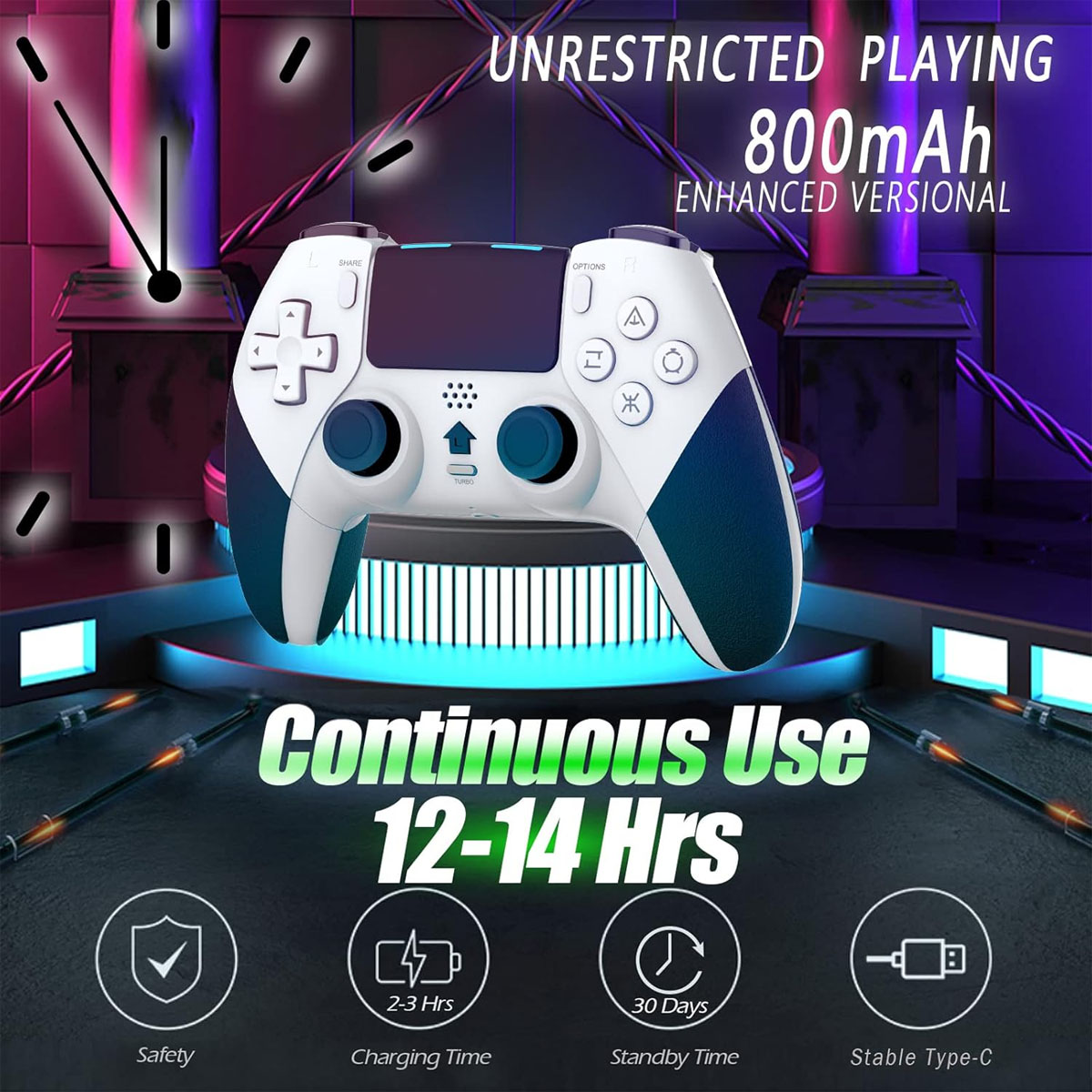 Ein weißer und blauer Gaming-Controller mit Text über Akkulaufzeit und Ladezeit.