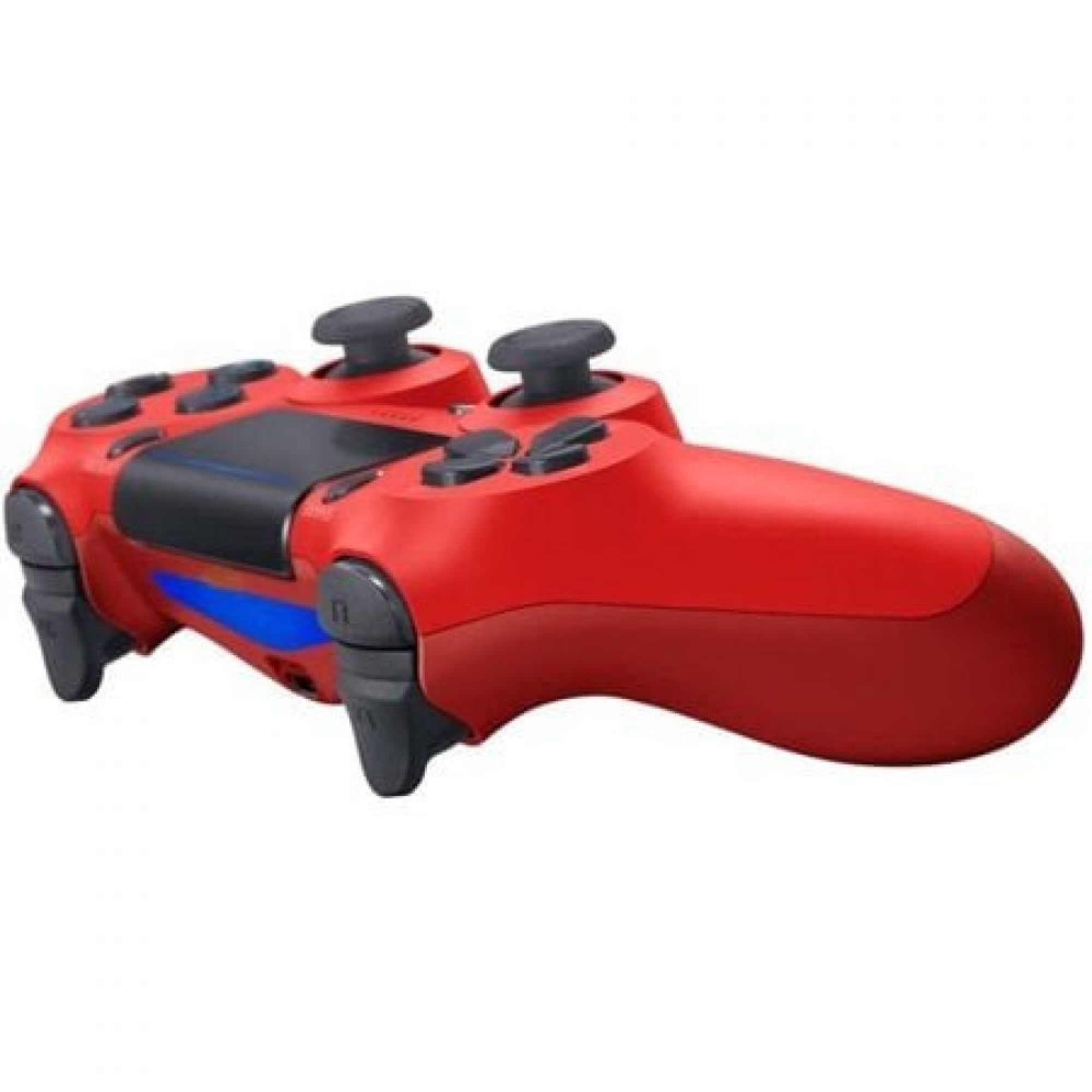 Ein roter Gamecontroller mit schwarzen Tasten und Analogsticks. Ein blauer Lichtstreifen ist sichtbar.