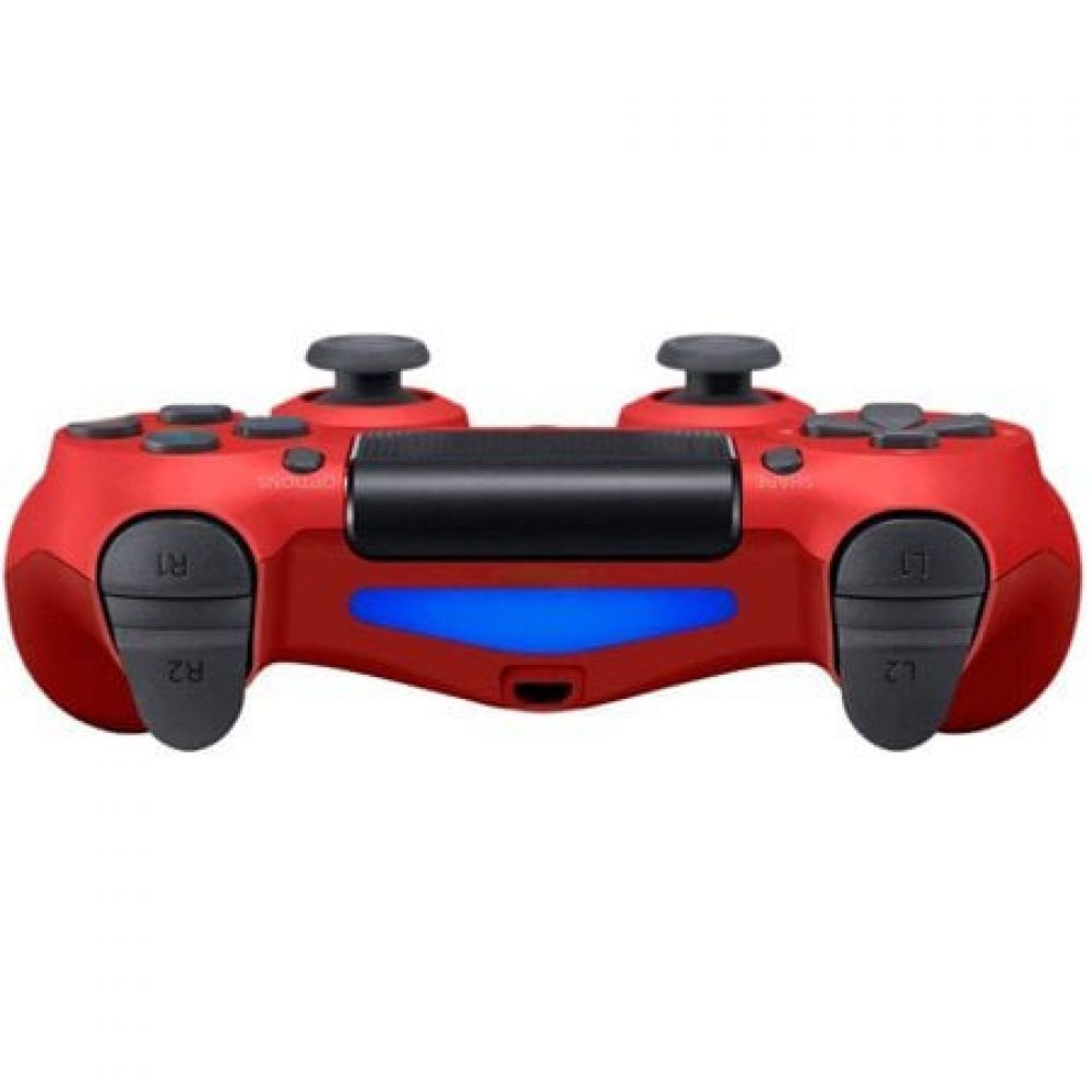Ein roter Controller mit blauen Lichtern und schwarzen Knöpfen.