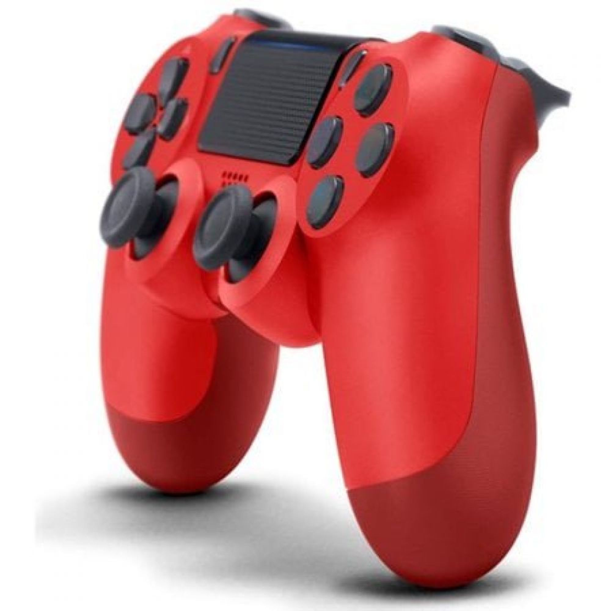 Rote Spielkonsole mit schwarzen Knöpfen und Touchpad.