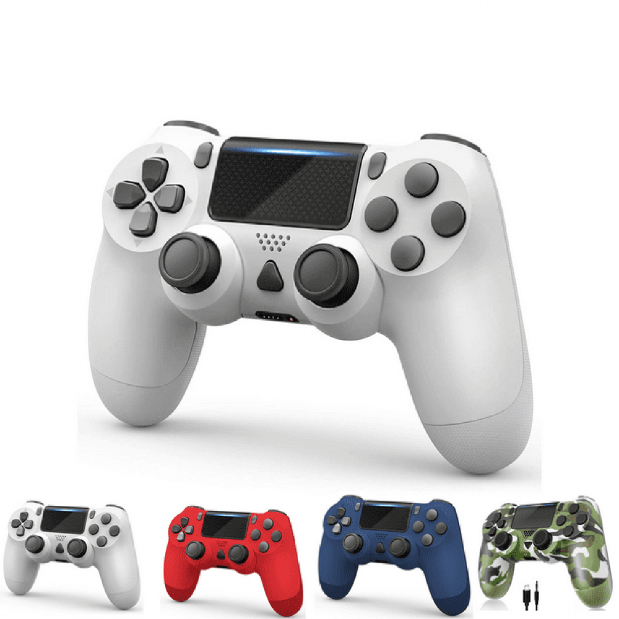 Vier Gamecontroller: Weiß, Rot, Blau und Camouflage. Weißer Controller oben.
