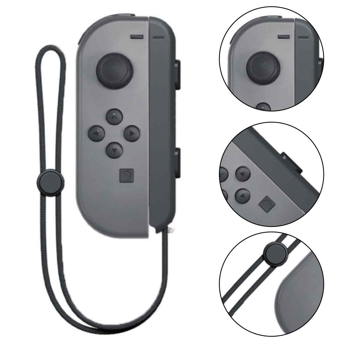 Grauer Nintendo Switch Joy-Con Controller mit schwarzem Handgelenkband.