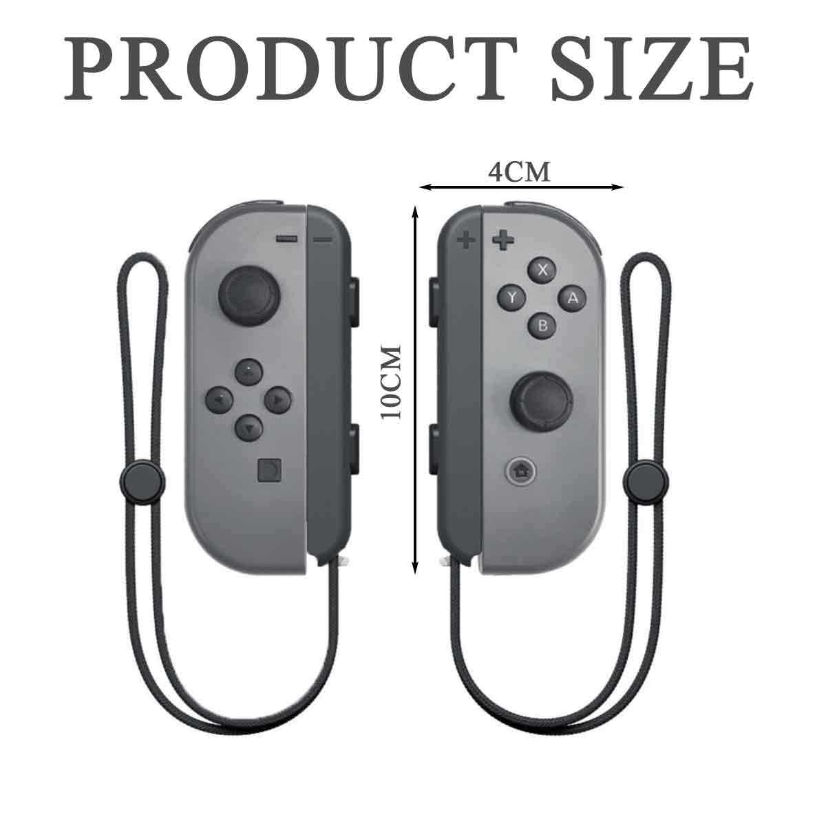 Zwei graue Nintendo Switch Joy-Con Controller mit Maßen 10cm Höhe, 4cm Breite.
