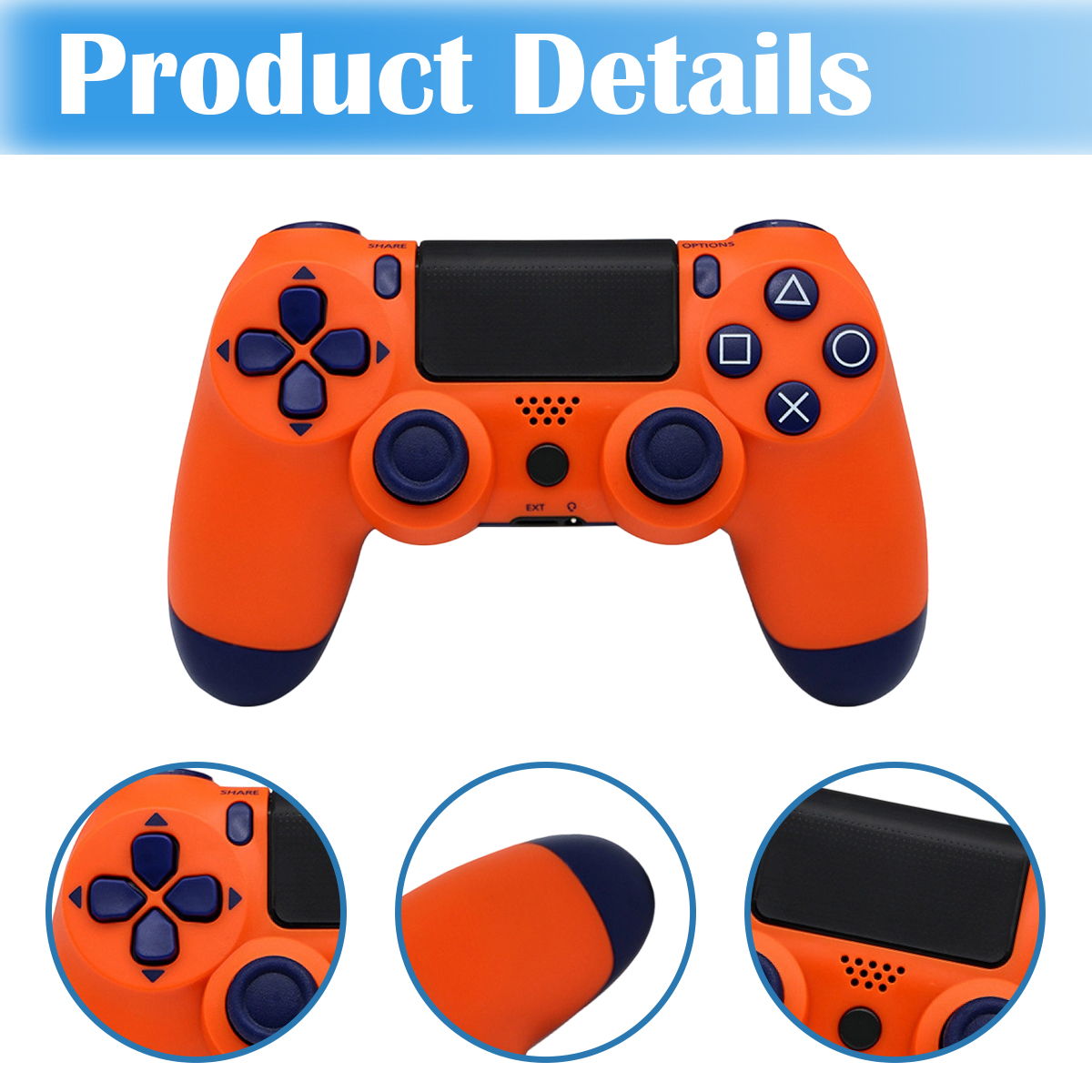 Orangefarbener Gamecontroller mit blauen Akzenten und Details.
