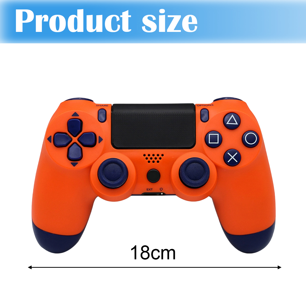 Ein orangefarbener Controller mit blauen Akzenten und einer Längenangabe von 18 cm.