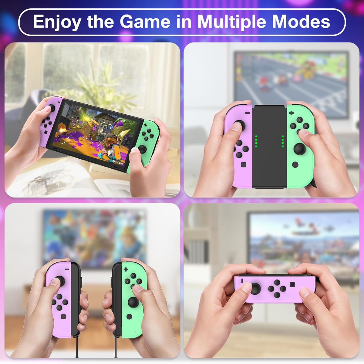 Vier Szenen zeigen Controller in verschiedenen Spielmodi: Handheld, TV, geteilt und einzeln.