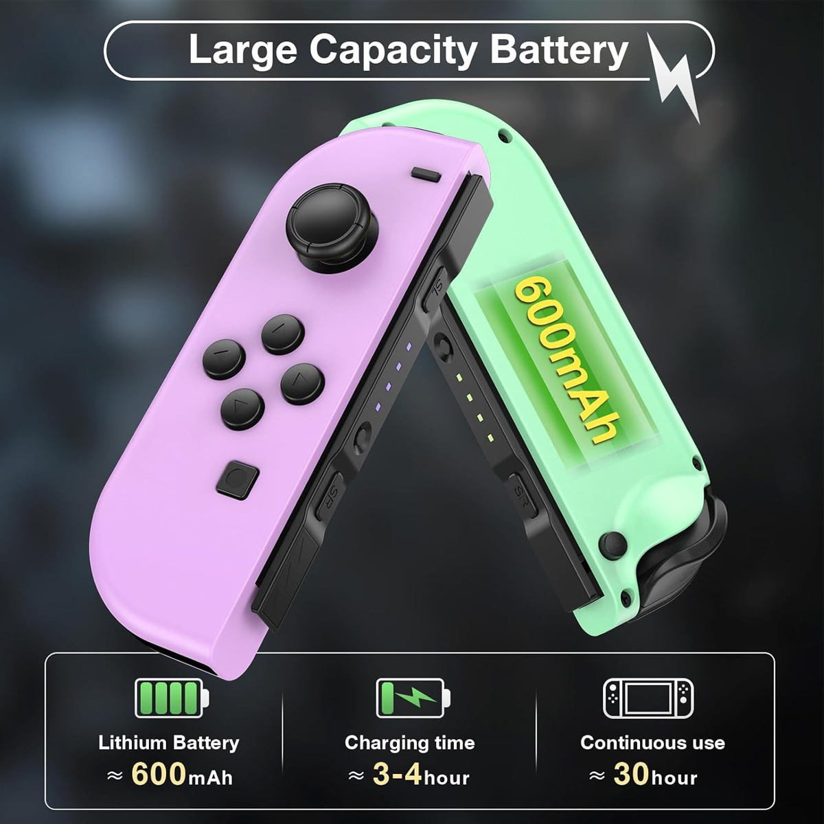 Lila und grüne Joy-Con-Controller mit 600mAh Batteriekapazität.