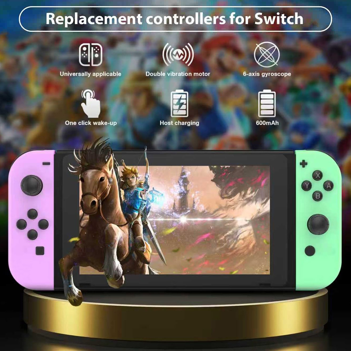 Ein Nintendo Switch-Controller mit Link auf einem Pferd auf dem Bildschirm.