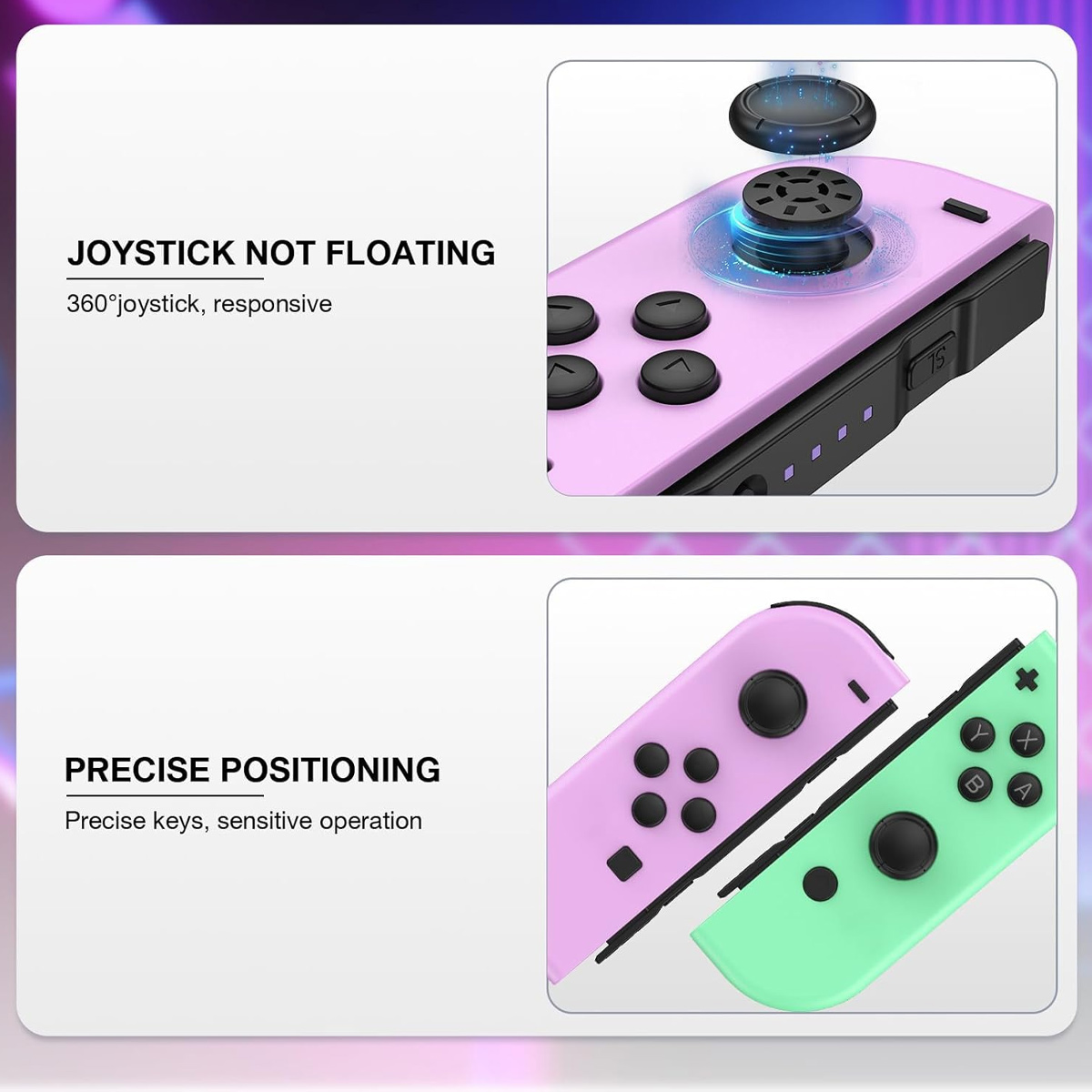 Zwei Gamecontroller, einer lila und einer mintgrün, nebeneinander.