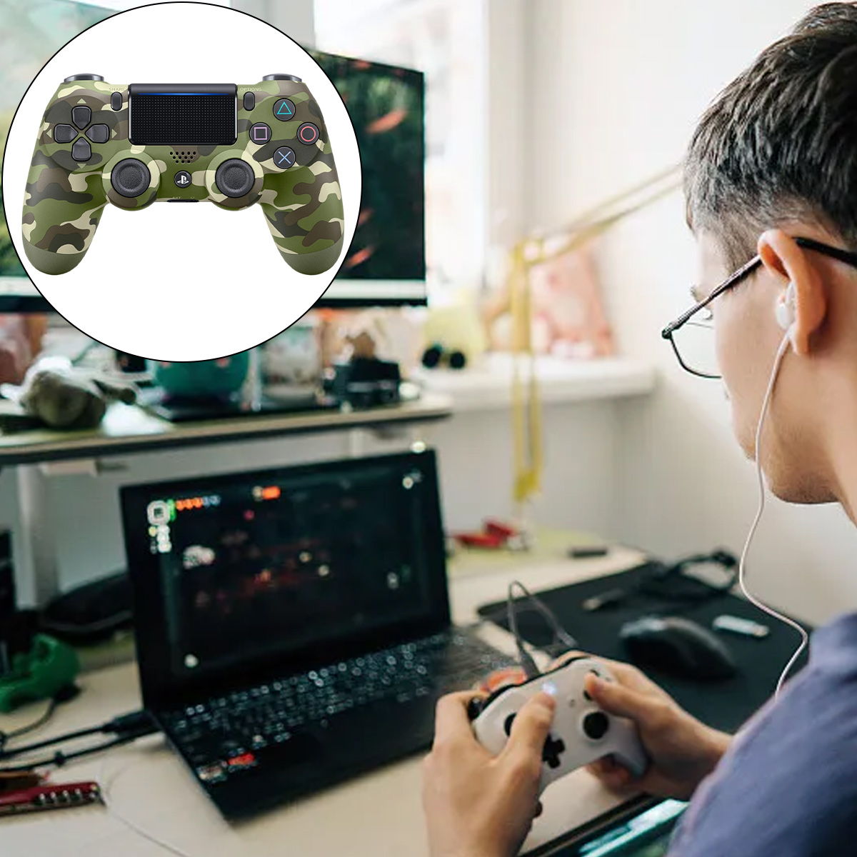 Ein Mann spielt Videospiele mit einem Camouflage-Controller, der auf einem Laptop angezeigt wird.