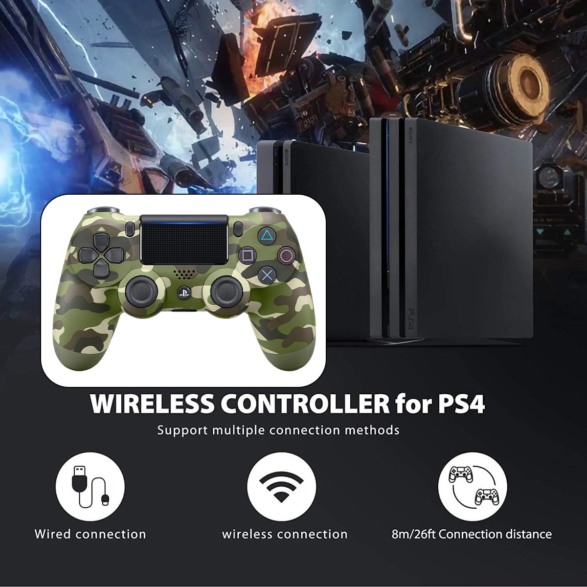 Grüne Tarnfarben-PS4-Controller mit PS4-Konsolen und Explosionshintergrund.