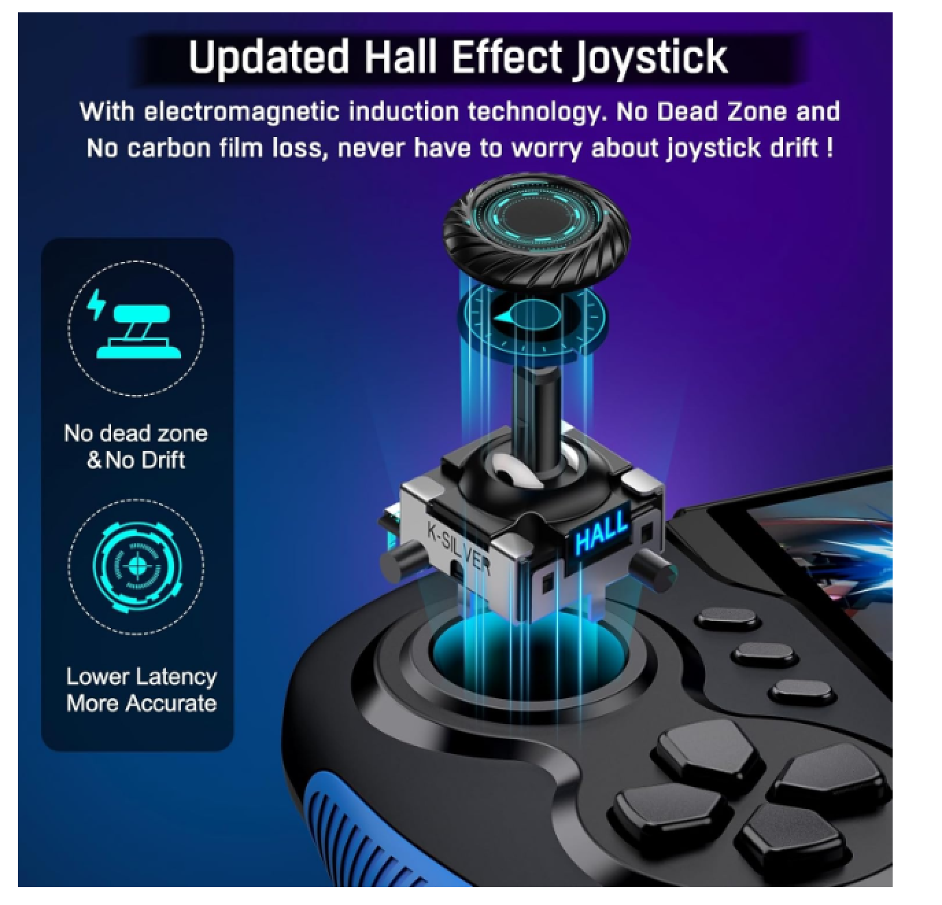 Aktualisierter Hall-Effekt-Joystick mit blauen Lichtern und Spieltasten.