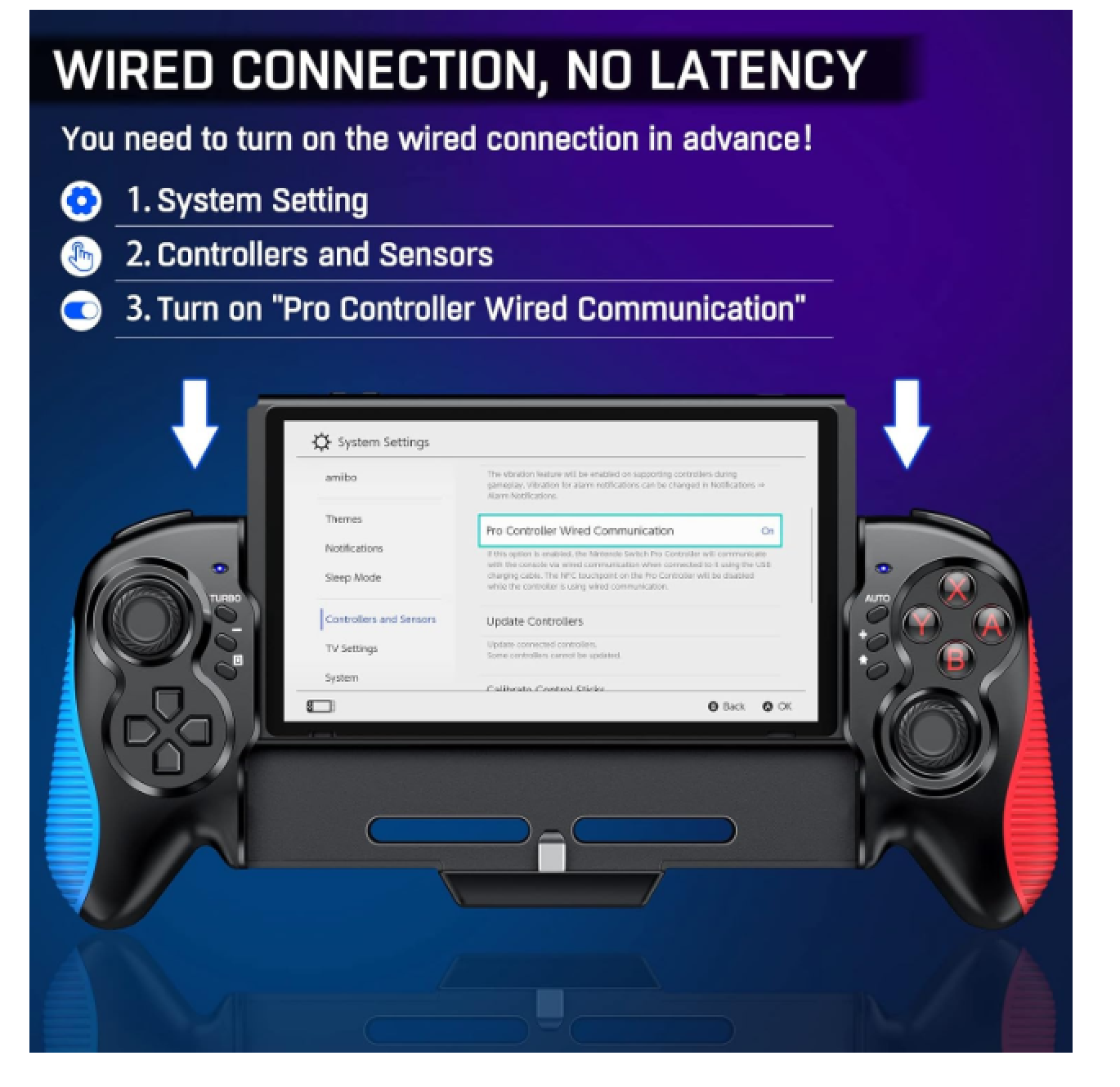 Nintendo Switch Controller mit Bildschirm, der zeigt, wie die Pro Controller-Kabelverbindung aktiviert wird.