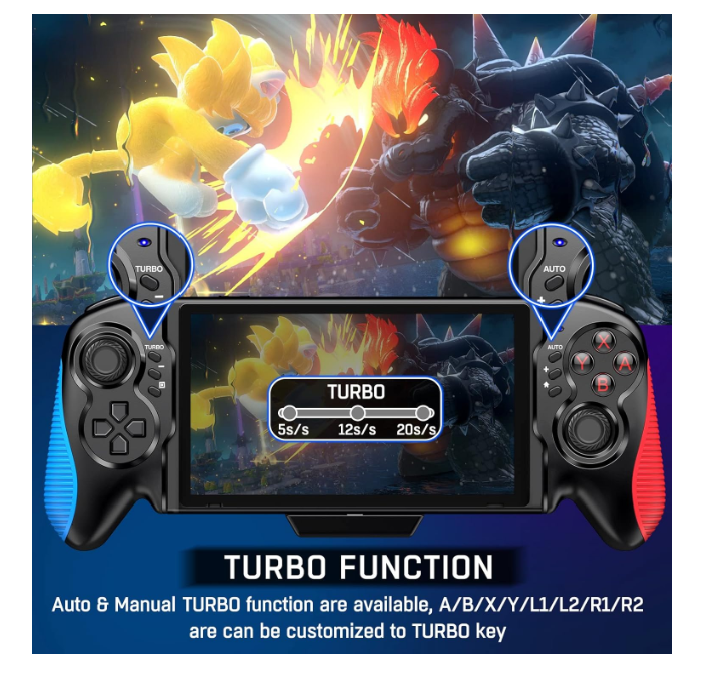 Spielcontroller mit Charakteren und Turbo-Funktionsdetails.
