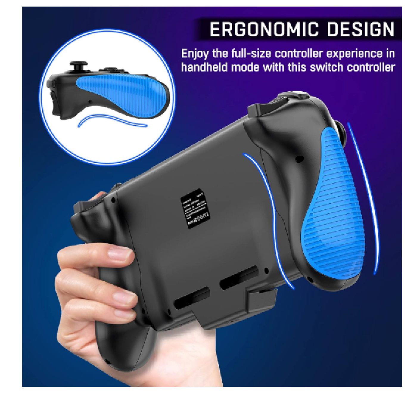 Schwarzer Switch-Controller mit blauen Griffen, der in der Hand gehalten wird.