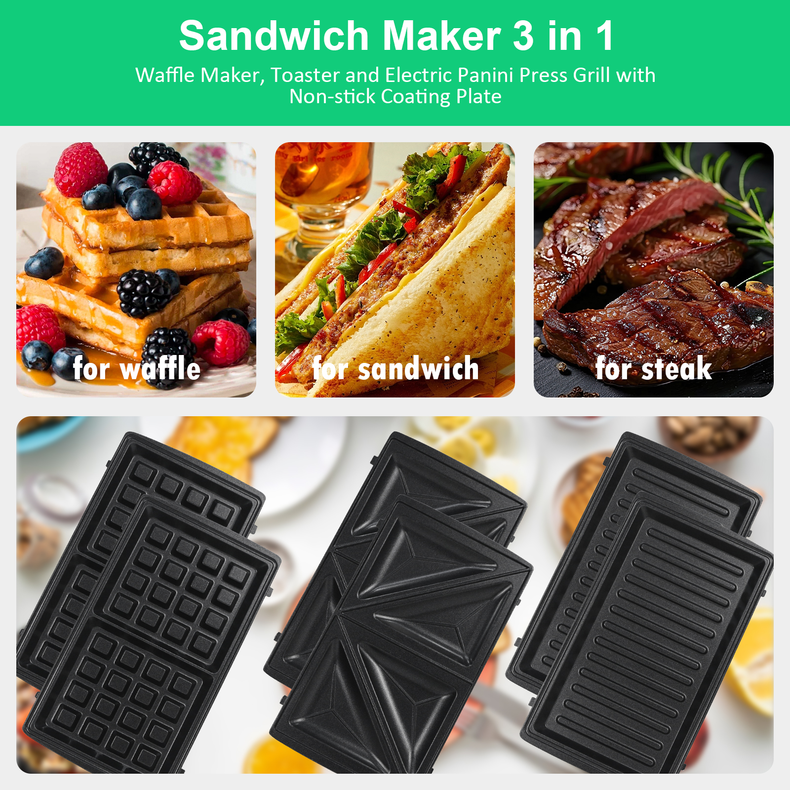 Ein Sandwichmaker mit drei austauschbaren Platten: Waffel, Sandwich und Steak.
