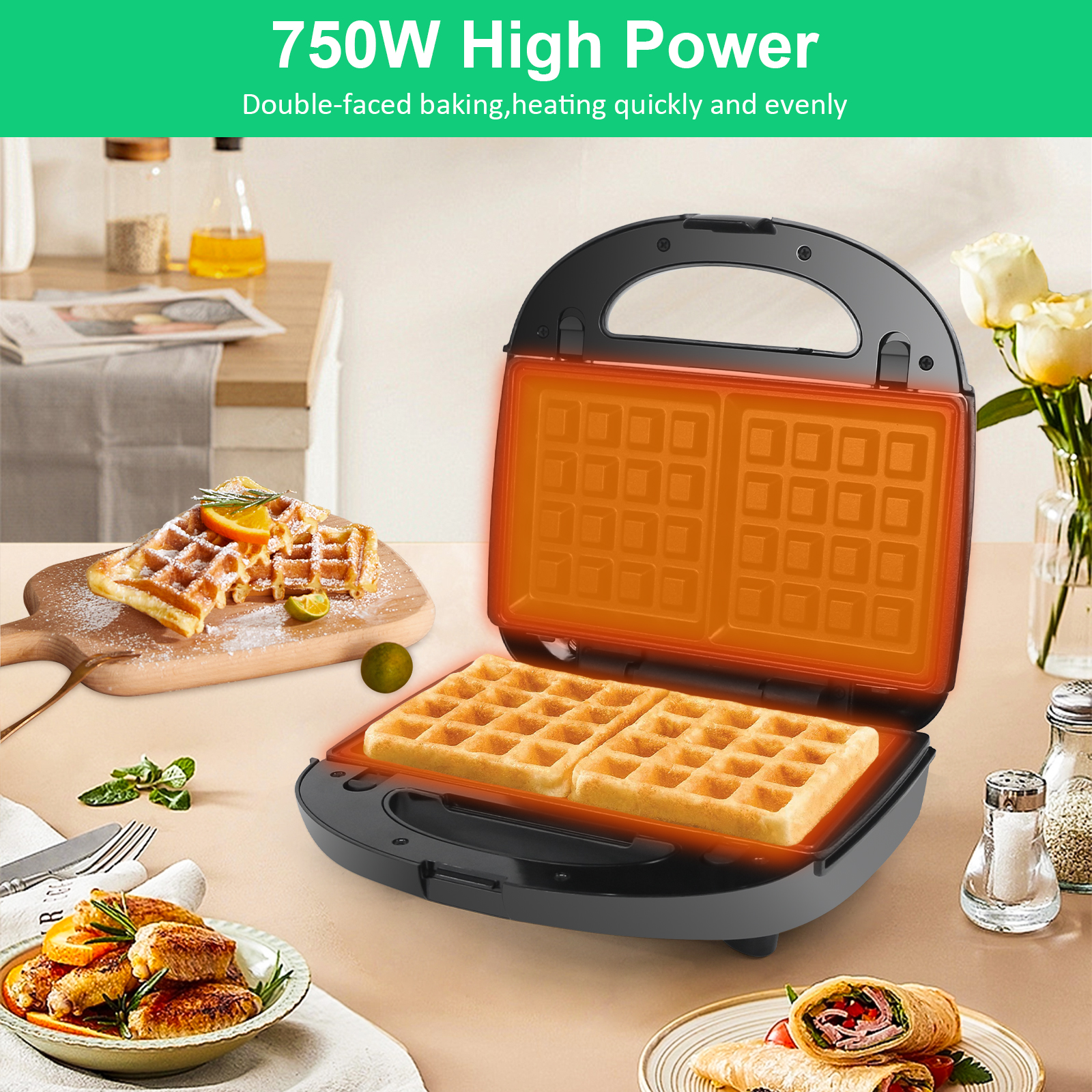 Ein offener Waffelmaker mit heißen Platten und fertigen Waffeln, daneben Waffeln auf einem Brett und Hähnchenschenkel.