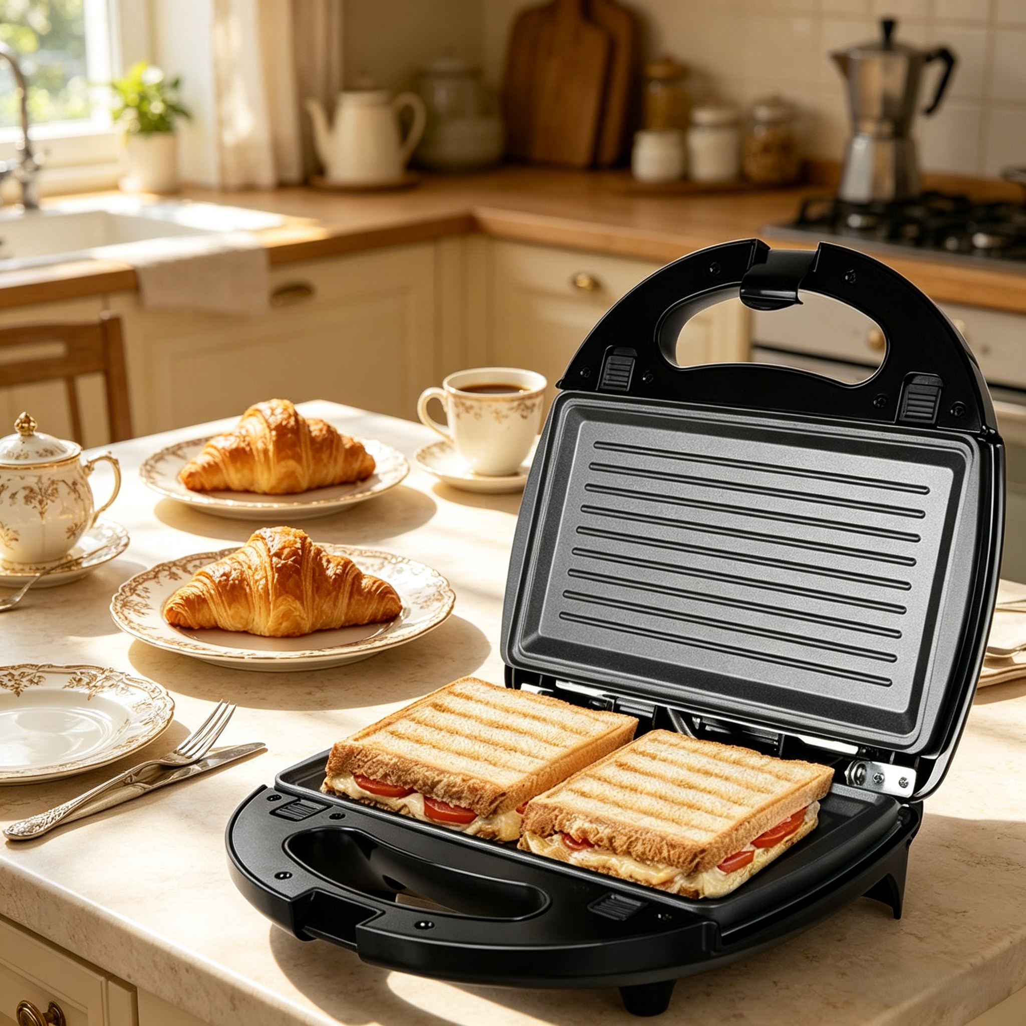 Sandwichtoaster mit zwei Sandwiches, zwei Croissants, Kaffee und Gebäck in einer Küche.