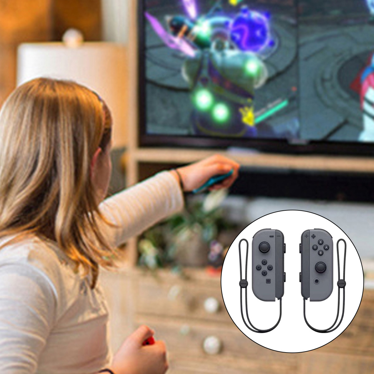 Ein Kind spielt ein Videospiel auf einem Fernseher und hält Controller. Zwei graue Controller mit Trägern sind abgebildet.