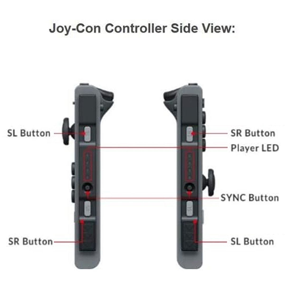 Seitenansicht der Joy-Con-Controller mit beschrifteten Tasten.