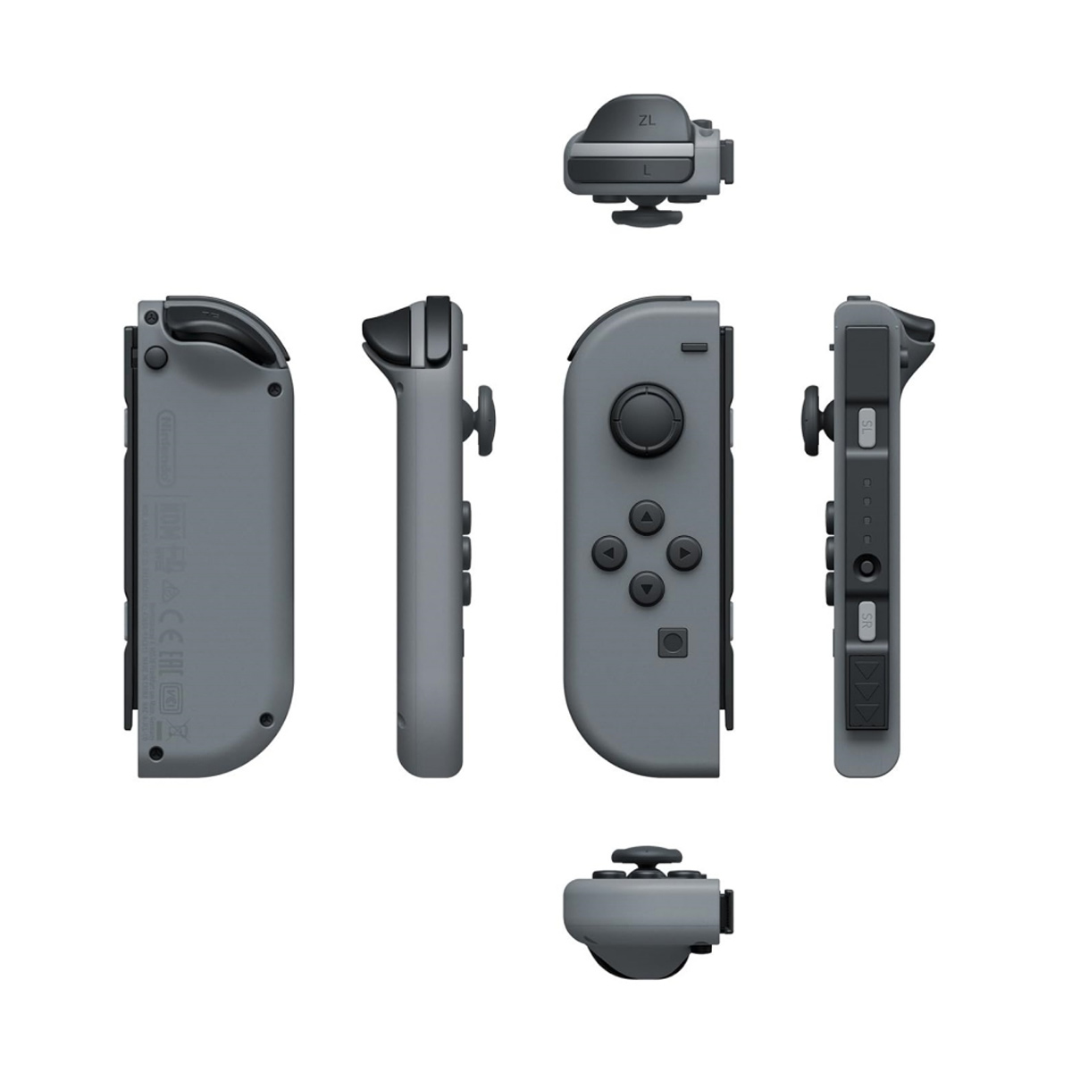 Graue Nintendo Switch Joy-Con-Controller in verschiedenen Ansichten.