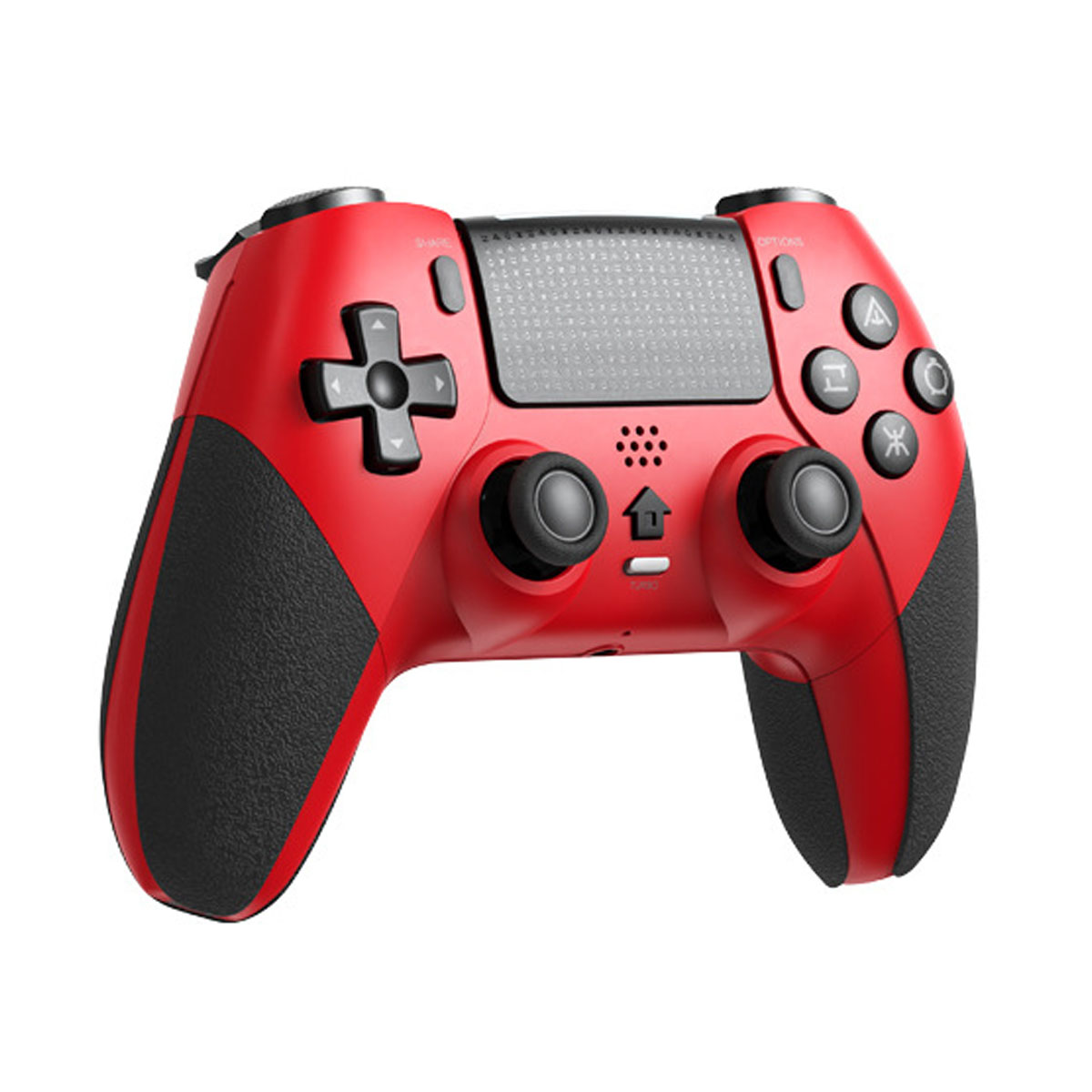 Ein roter und schwarzer Gamecontroller mit Knöpfen und Joysticks auf weißem Hintergrund.