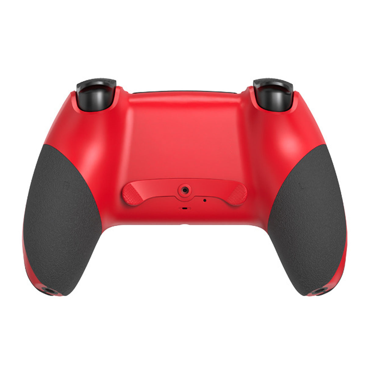 Rote und schwarze Controller-Rückseite mit Knöpfen und Griffen.