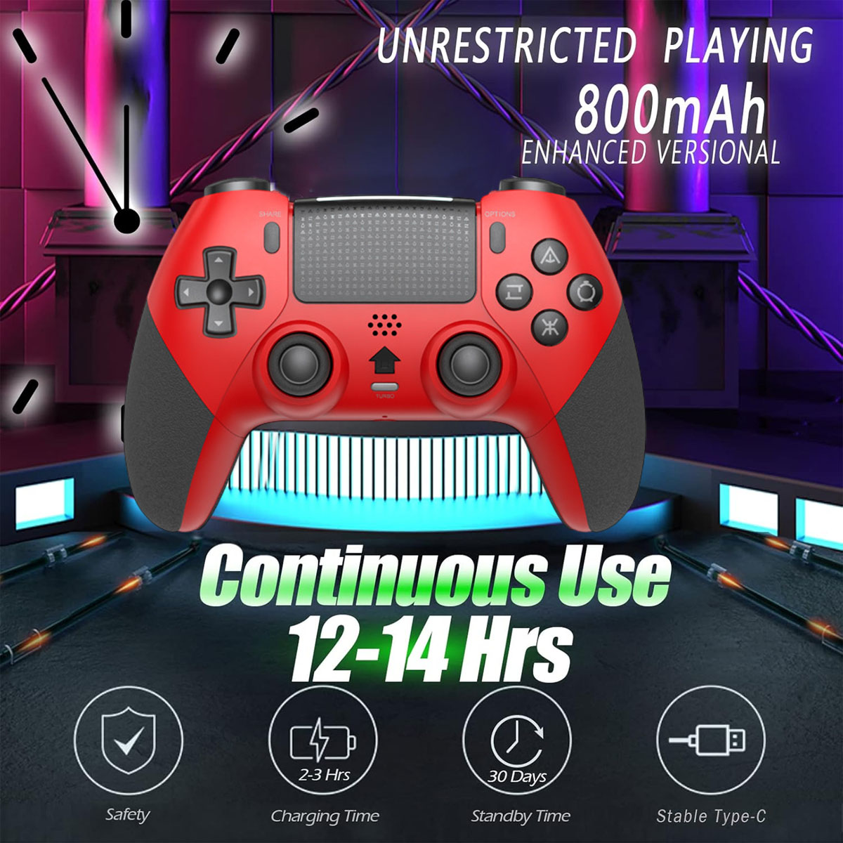 Rote Gaming-Controller mit blauer Beleuchtung und Text über Akkulaufzeit.
