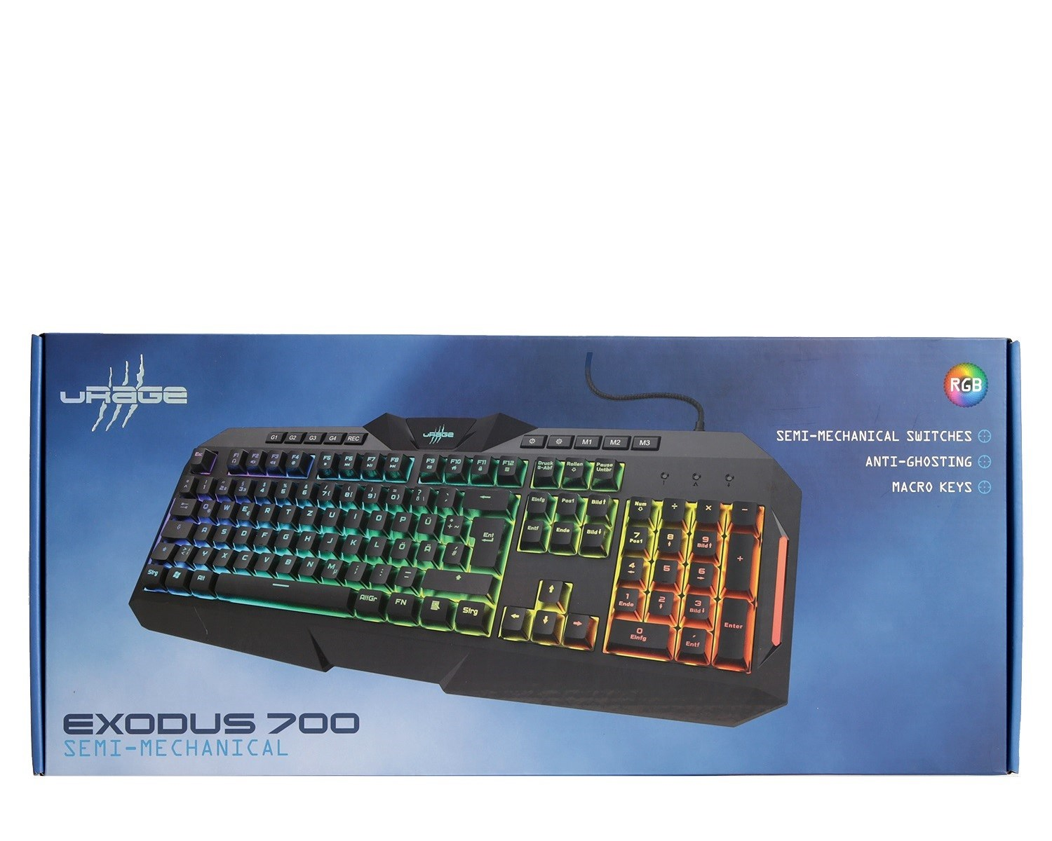Ein URAGE Exodus 700 Semi-Mechanical RGB-Gaming-Tastatur auf einer blauen Box.