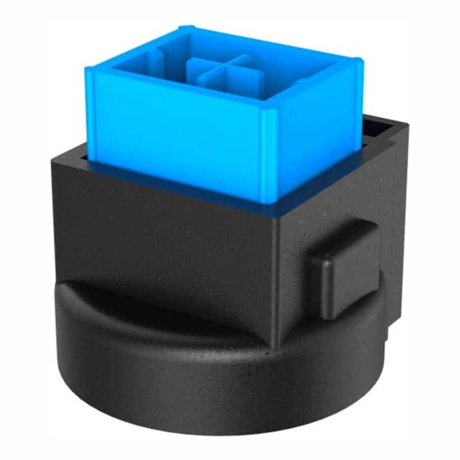 Ein schwarzer Sockel mit einem blauen Einsatz oben. Minimalistisches Design.