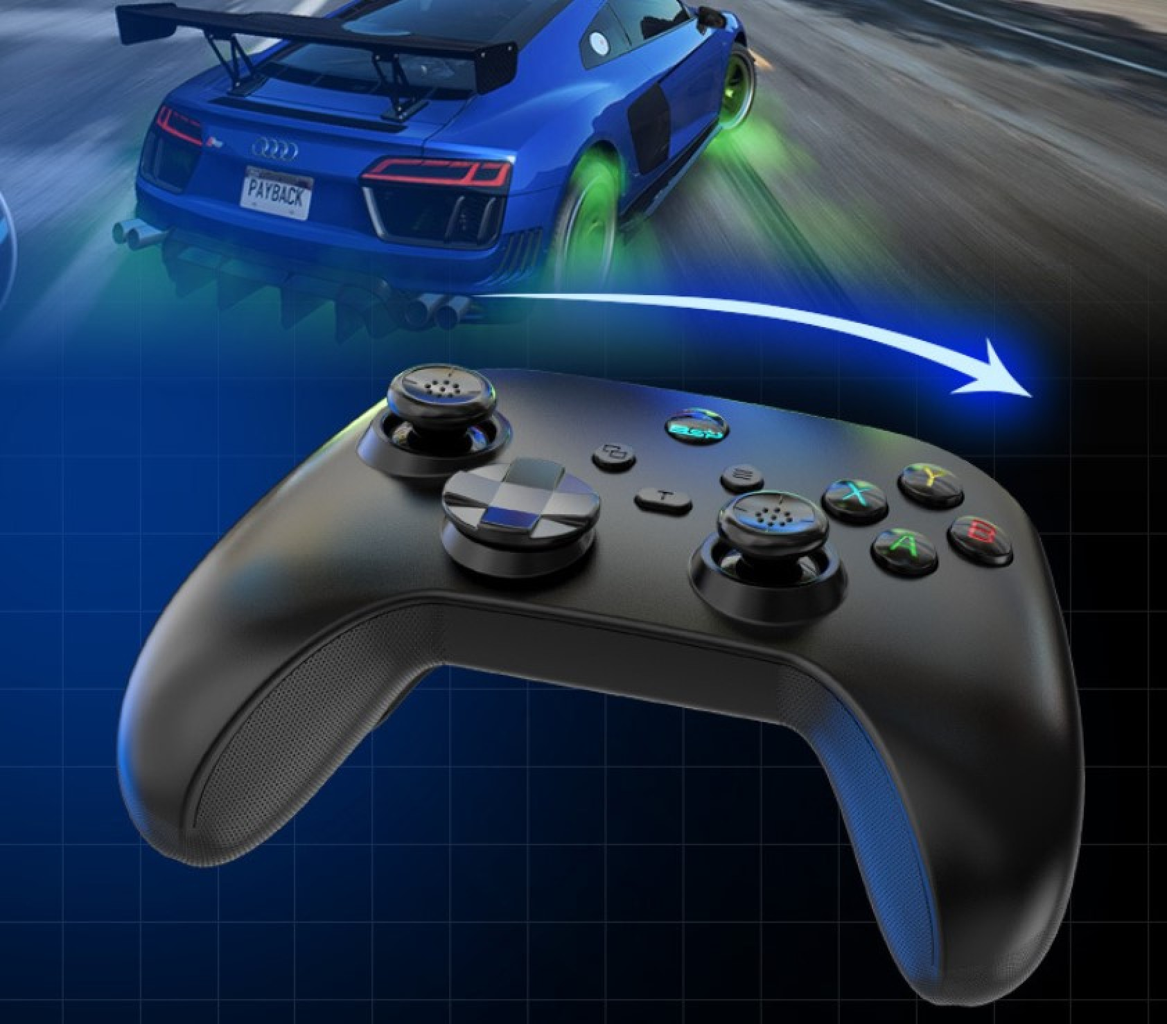 Ein blauer Rennwagen mit leuchtend grünen Rädern und ein schwarzer Controller, Gaming-Konzept.