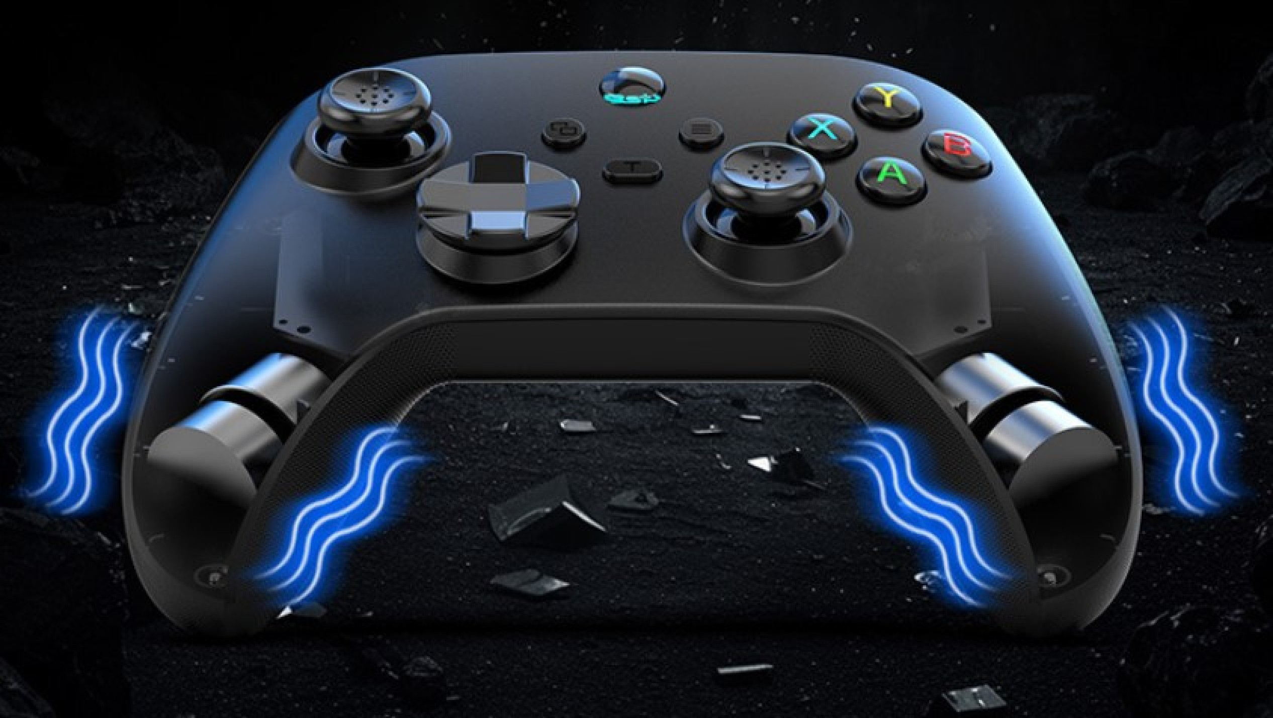 Schwarzer Gamecontroller mit blauen Energiewellen, die von den Seiten ausgehen.