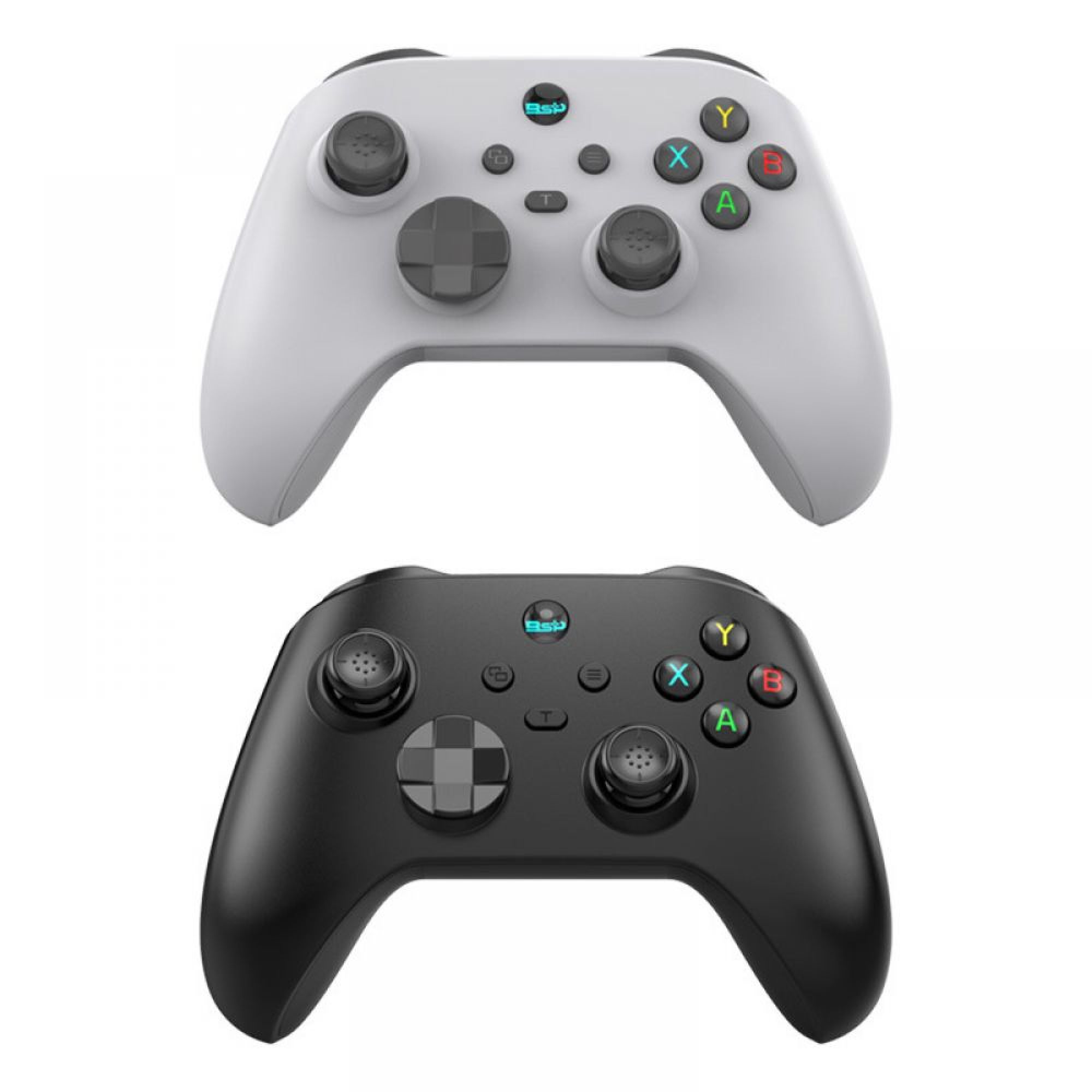 Zwei Gamecontroller, einer weiß, einer schwarz, nebeneinander auf weißem Hintergrund.