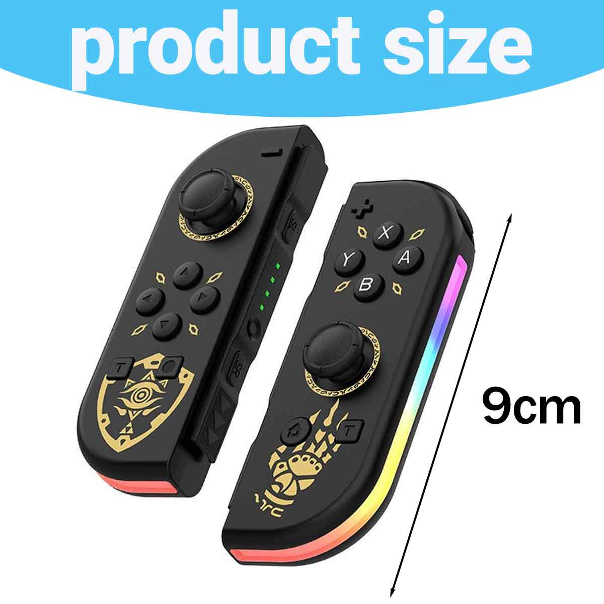 Zwei schwarze Joy-Con-Controller mit goldenen Akzenten und RGB-Beleuchtung. Größe 9cm.