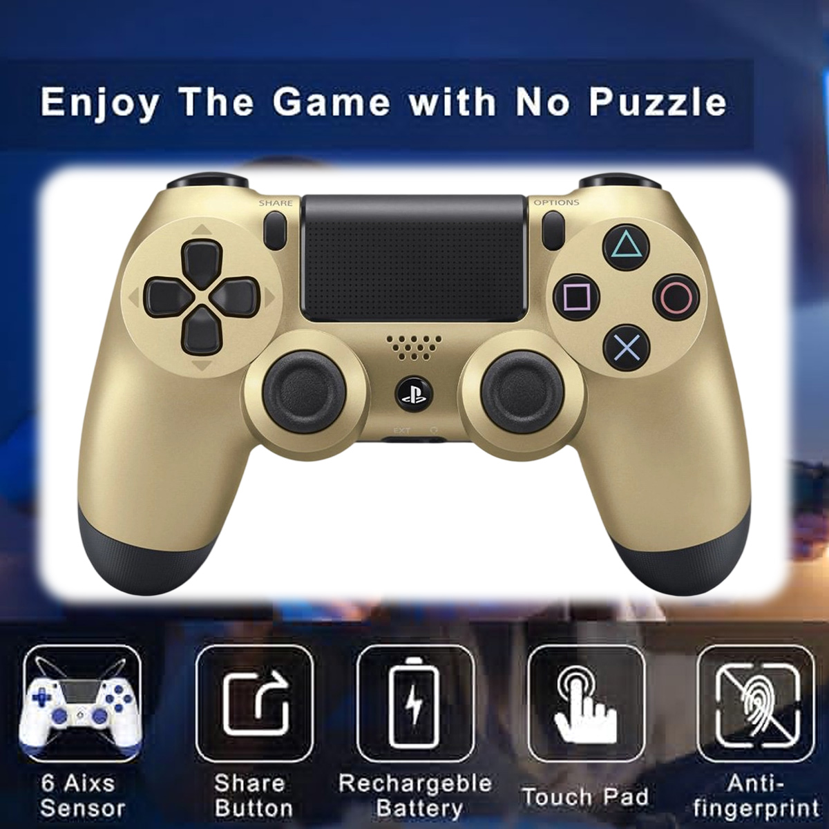 Goldener PlayStation-Controller mit Knöpfen, Joysticks und Symbolen für Funktionen.